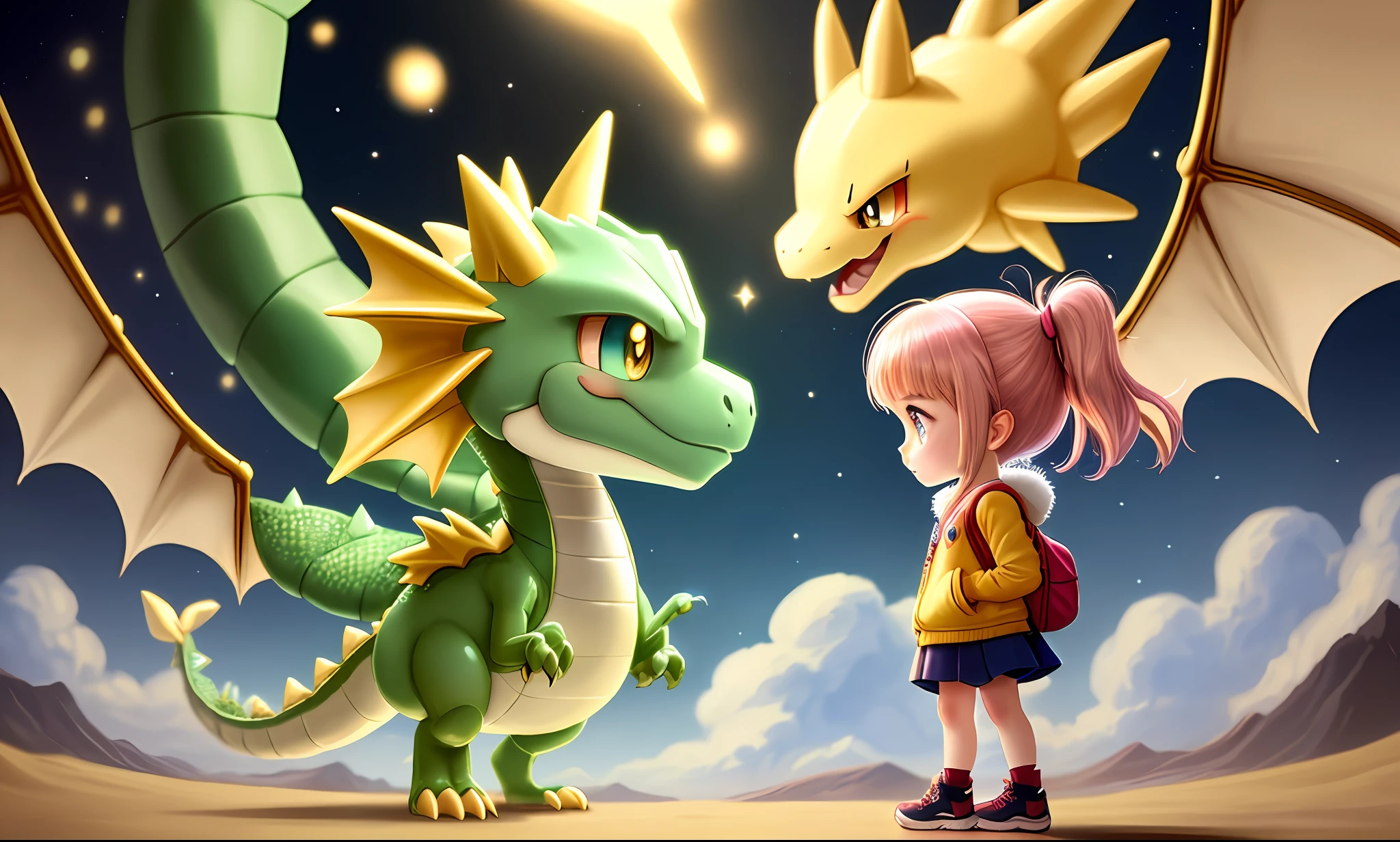 (((Best Quality))), a cute dragon with a cute little girl standing next to it, crystal eyes, all golden, Pokemon style