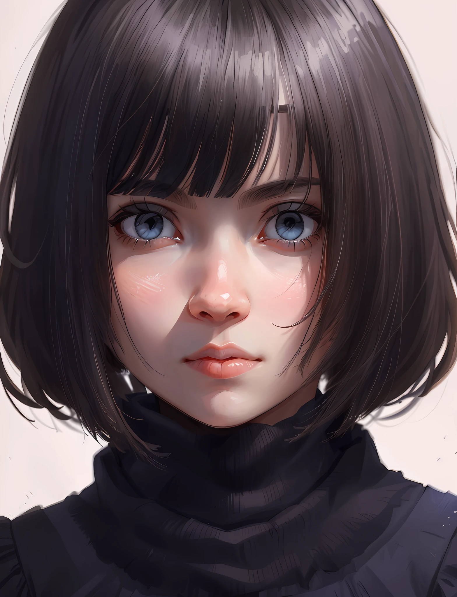Milenka Mikhailova, (masterpiece), realistic, (portrait of a girl), beautiful face,
sunlight, cinematic light, bangs, beautiful woman, beautiful eyes, short black hair,
perfect anatomy, very cute, princess eyes, (eyes black), (frame head), centered, stylized,
bioluminescence, 8k resolution, low-cut white dress with small blue details, human hands,
full of wonder, elegant, approaching perfection, dynamic, highly detailed, character sheet ,
concept art, soft , looking directly at the viewer positioned so that her body is symmetrical and balanced,
incredibly beautiful, short black detailed hairstyle with bangs,宝石,光泽效果