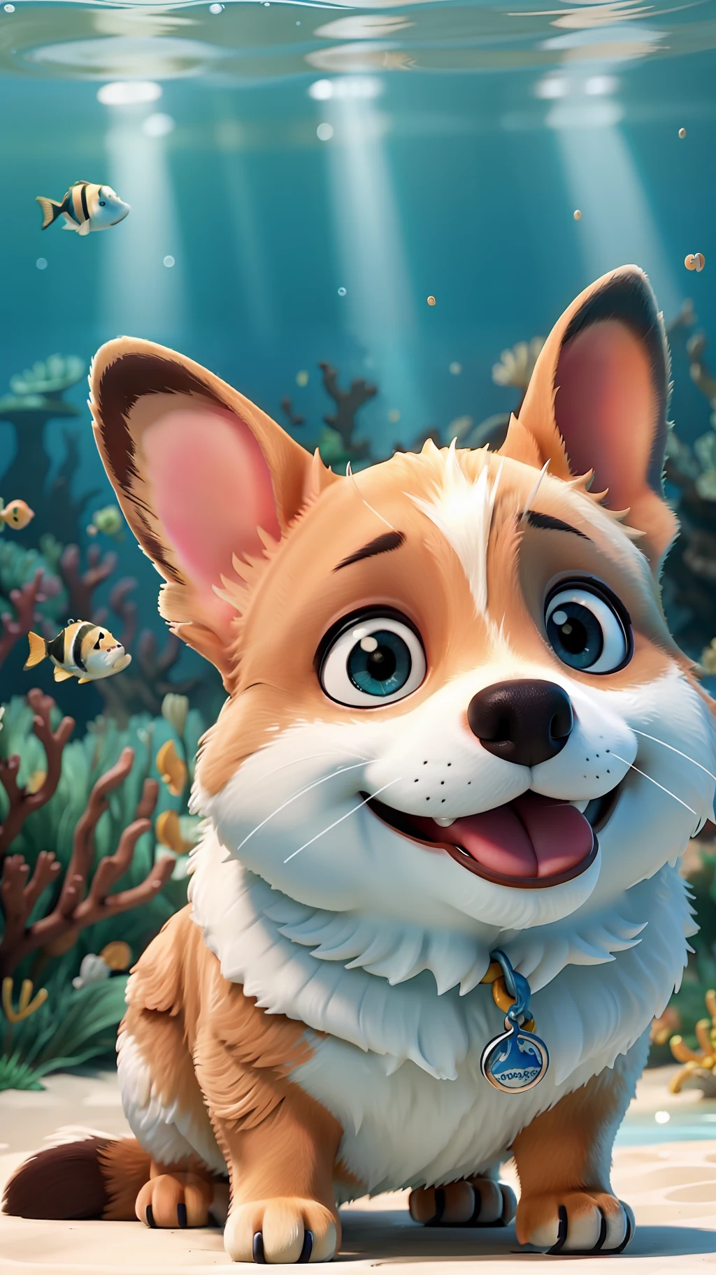 Best Quality:1.2,Masterpiece:1.2,Real:1.2,Close-up photo,Undersea,Swim,Corgi,Coral