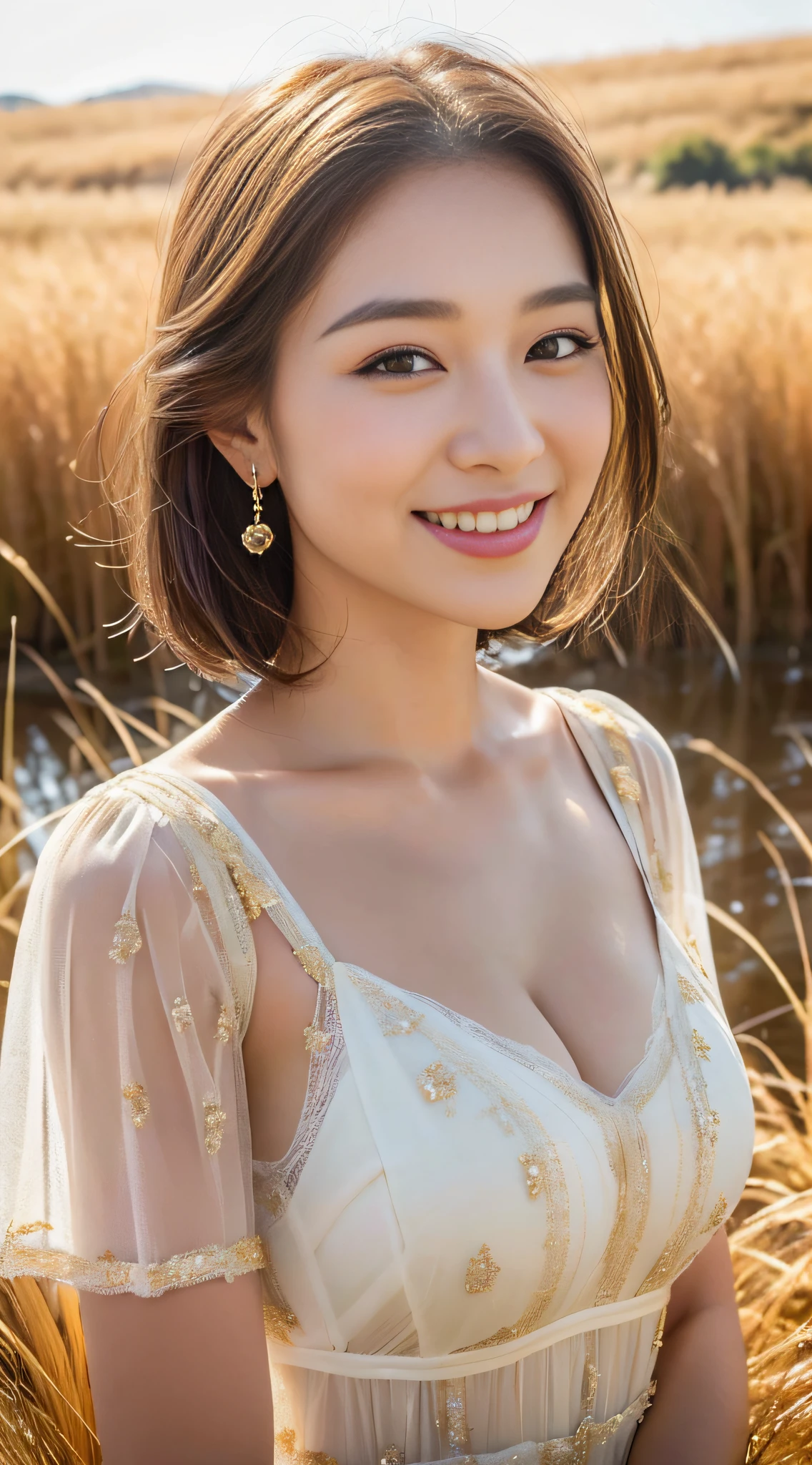 ((Best Quality, 8K, Masterpiece: 1.3)), Upper Body (1.3), (Big Breasts), Outstanding Style, Gentle Face, Parallel Eyebrows, Smile, Natural Makeup, White Sheer Dress, Refreshing, in a gold-colored rice field