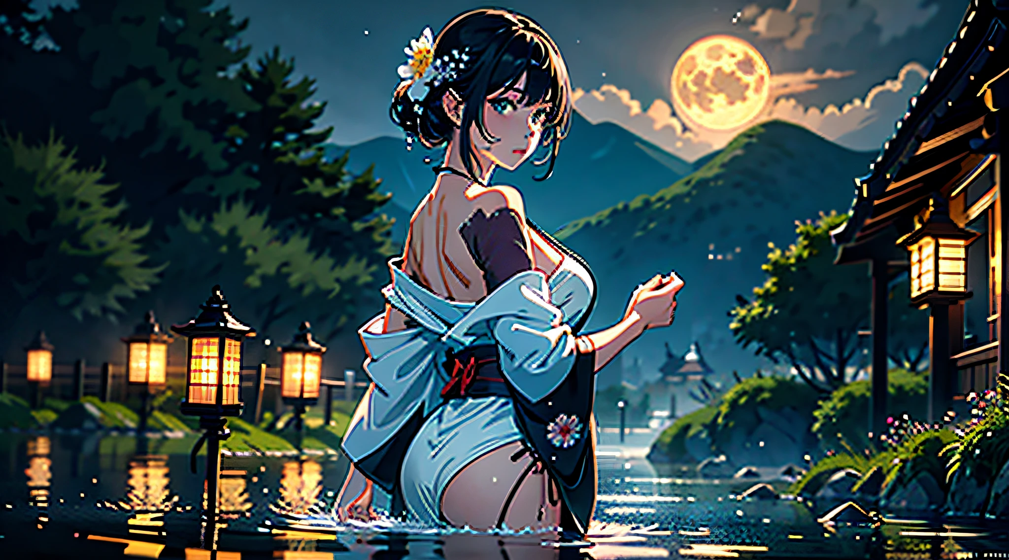 1girl, breasts, moon, lantern, night, solo, large breasts, hair ornament, wet, kimono, japanese clothes, wading, water, hair flower, flower, outdoors, sky, full moon, rain, black hair, off shoulder, mountain, cloud, holding, sash, bare shoulders, paper lantern, standing, white kimono, night sky, sideboob, obi, wet clothes, bangs, tree, from side, reflection, short hair, cloudy sky, wet hair (((masterpiece),(extremely detailed CG unity 8k wallpaper),best quality,,solo,1girl,cinematic lighting,detailed background,beautiful detailed eyes,bright pupils, (an extremely delicate and beautiful),(Beautiful and detailed eye description), ultra-detailed,masterpiece,)),