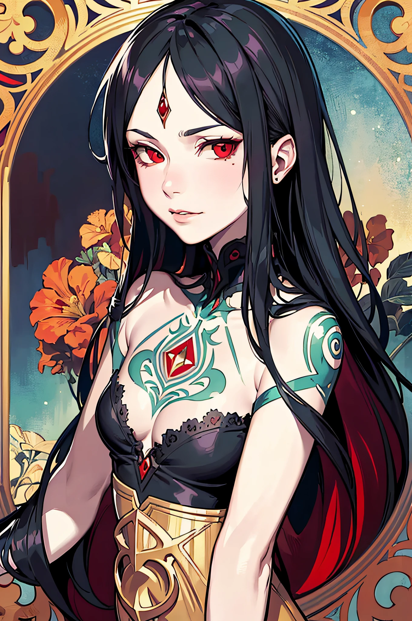 vampire marceline, from adventure time, Floral frame, decorative panel, abstract art, by Alphonse Mucha (masterpiece, top quality, high resolution: 1.4), detailed, intricately detailed, 4K, color splash, line art, Fibonacci