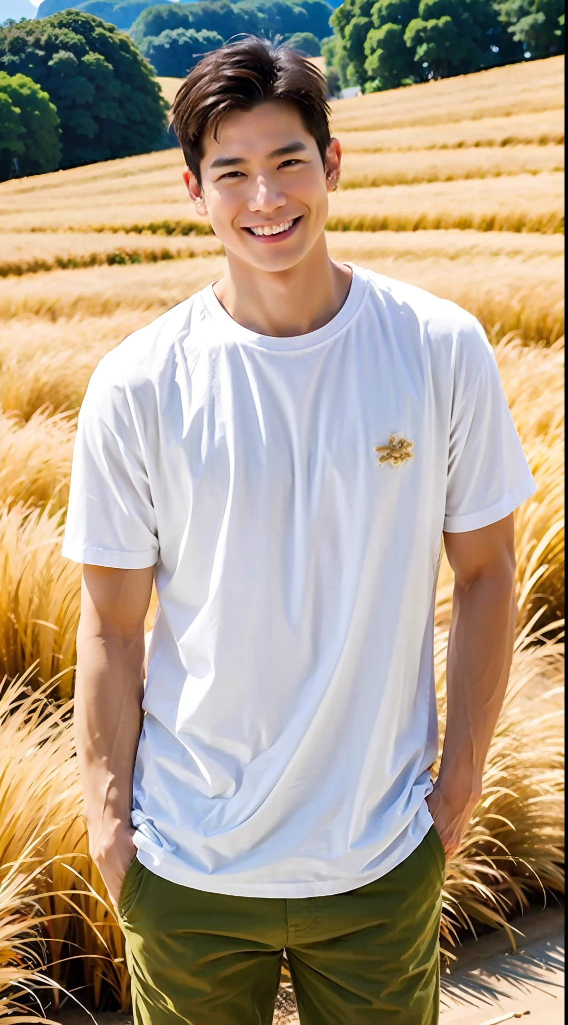 Best Quality, Ultra High Resolution, (Realistic:1.4), Masterpiece, Blurred Background ,Muscle, Solo, 1 Boy, Young , Standing, White Skin, Shirt, Posing, Facial Focus, Smile, Shut Up, in Golden Rice Paddie