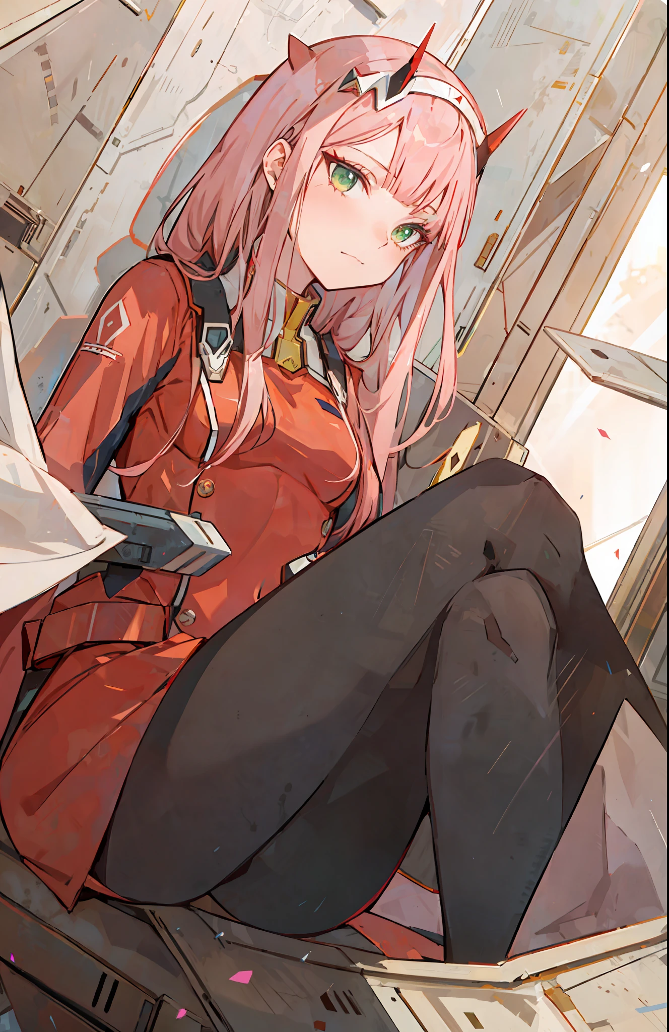 zero two, darling in the franxx, 1girl, solo, masterpiece, best quality, ultra-detailed, bangs, covered navel, eyeshadow, green eyes, hair behind head, horns, long hair, looking at viewer, makeup, small breasts, pilot suit, red suit, pink hair, red eyeshadow, science fiction, sci-fi