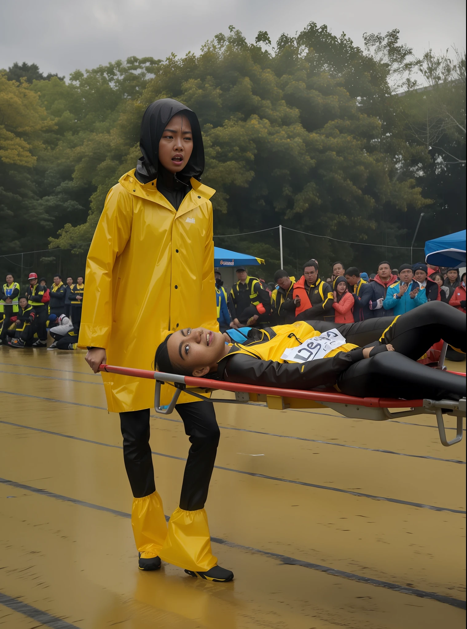 there is a blackhaired woman in a bright yellow raincoat carrying a man on a stretcher, a young woman in a shiny raincoat is desperately crying and screaming, an injured athlete with a painful face is screaMING IN in pain on a stretcher, in a race competition, with yellow cloths, journalism photo, actor, viral photo, on its own, by Basuki Abdullah, motivational, wearing track and field suit, realistic shot, awards winning, photoshot, body shot, very creepy, digital photo, pov photo, costume