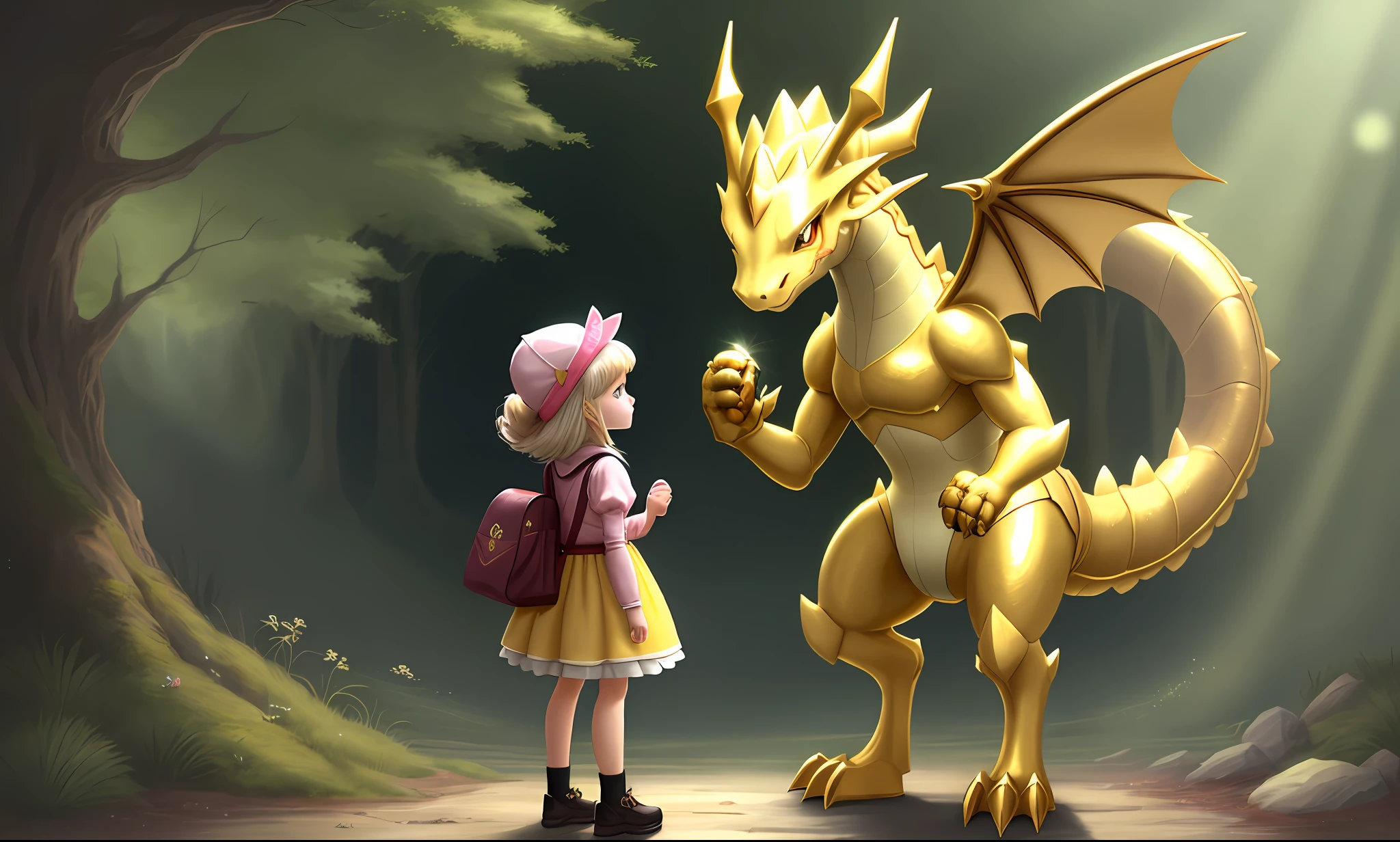 (((Best Quality))), a cute dragon with a cute little girl standing next to it, crystal eyes, all golden, Pokemon style