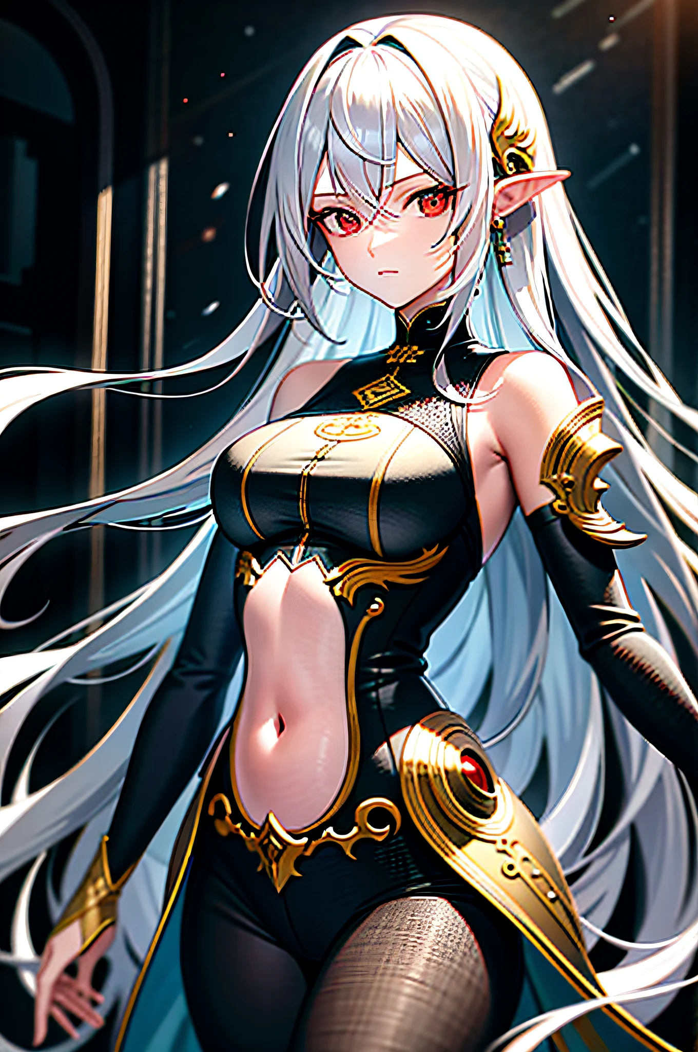 best quality, masterpiece, super high resolution, art, original photo, dynamic lighting, high resolution, sharp focus, depth of field,1girl, big, masterpiece, best quality, super detailed, illustration, long hair, white hair, super detailed face, high quality face, upper body, bare shoulders, navel, narrow space, strips of cloth, winding