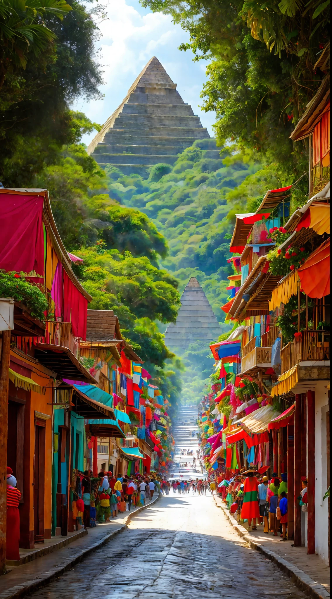 Imagine a vast Mayan city, with its grand pyramids and temples towering against the sky, surrounded by dense rainforests. The streets are bustling, filled with people dressed in colorful costumes, while the sound of drums and flutes echoes through the narrow corridors.