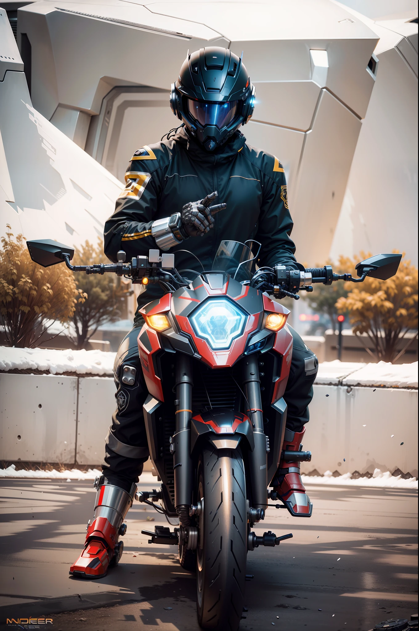 Cyber Warrior & Cybertech Mechanical Motorcycle, Mighty Male Warrior, Nousr, Biomechanics, MSHN Robot Man, Cybertech Full Surround Helmet, Surreal, Steel, Intricate Design, Crazy Detail, Fine Detail, Extremely Clear Lines, Cinematic Lighting, Photo Realistic, Detailed Masterpiece