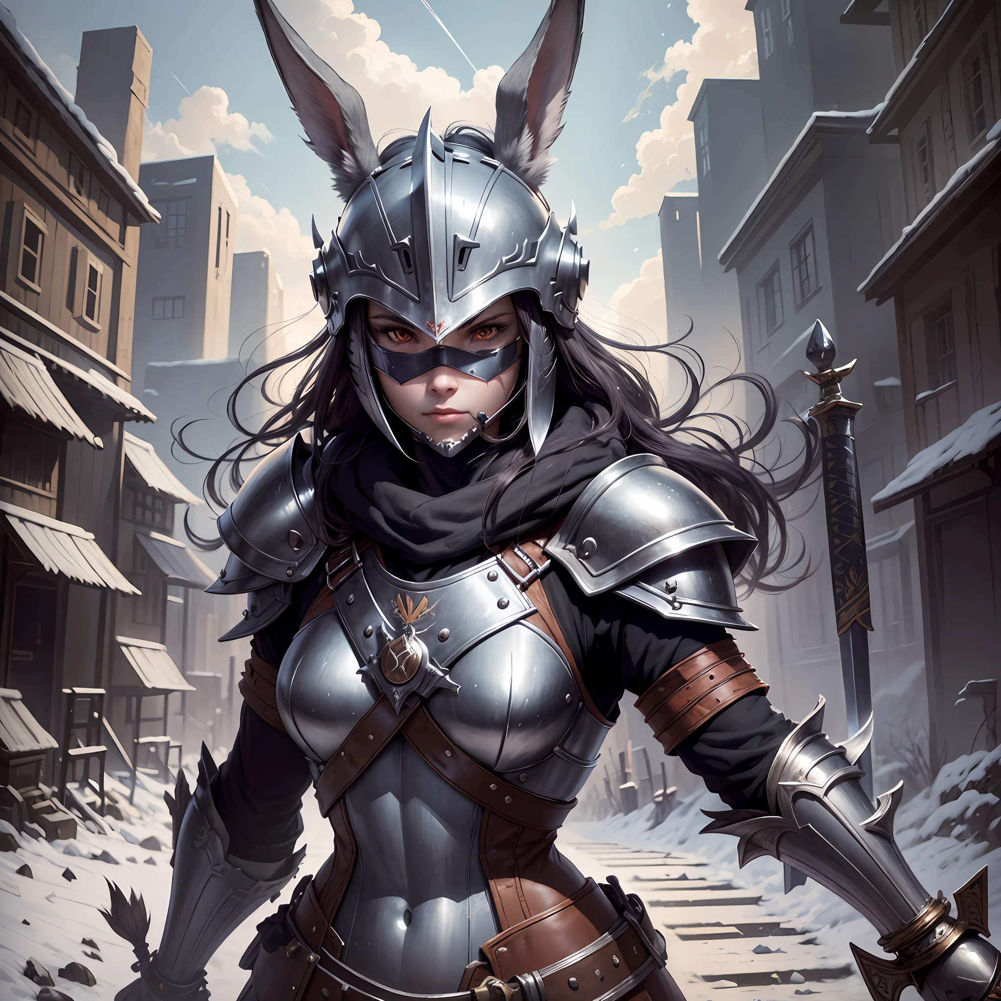 Rabbit head, warrior body, sword, helmet, armor, metal accessories, anthropomorphic, black mountains, slightly twilight --auto --s2