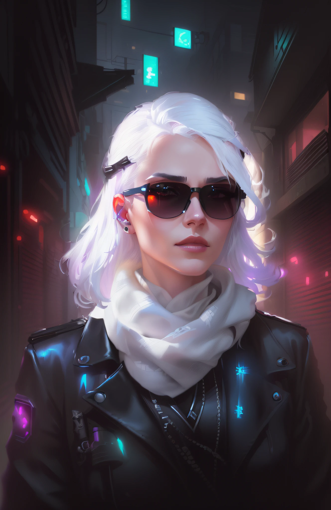Arad woman with white hair and sunglasses in dark alley, Guvez style artwork, cyberpunk girl portrait, beautiful female neuromancer, stylized urban fantasy artwork, character art portrait, perfect white-haired girl, novel Neuromancer Molly, cyberpunk jackie wells, cyberpunk portrait, Rostelan 8 K, character portrait art, realism