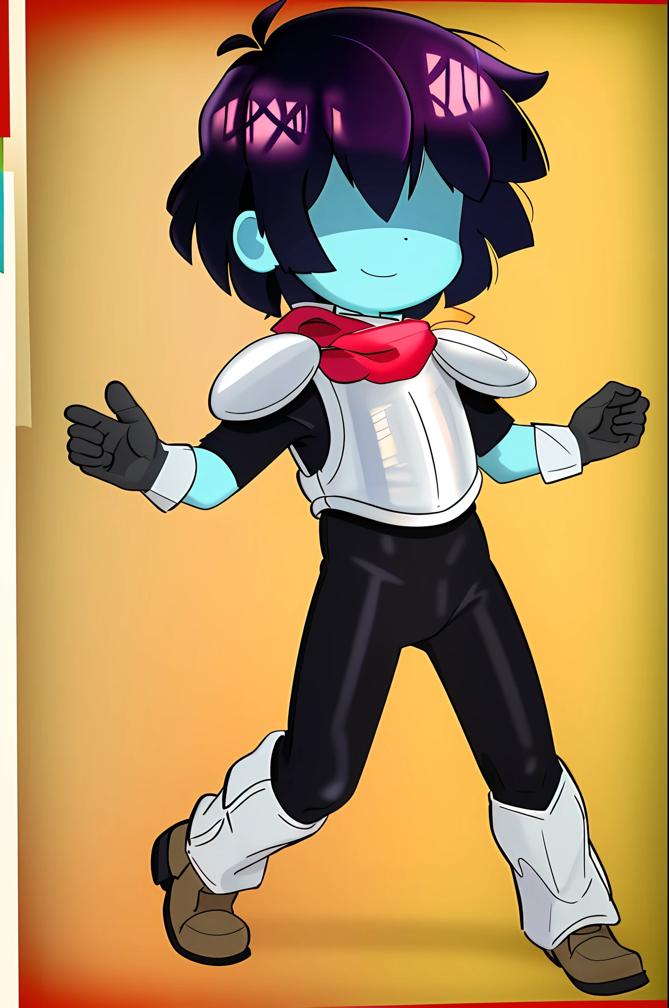 masterpiece, best quality, highres, 1other, hair over eyes, colored skin, solo, blue skin, smile, androgynous, black bodysuit, bodysuit, simple background, purple background, 1boy, black hair, gloves,red scarf, medium hair, armor,