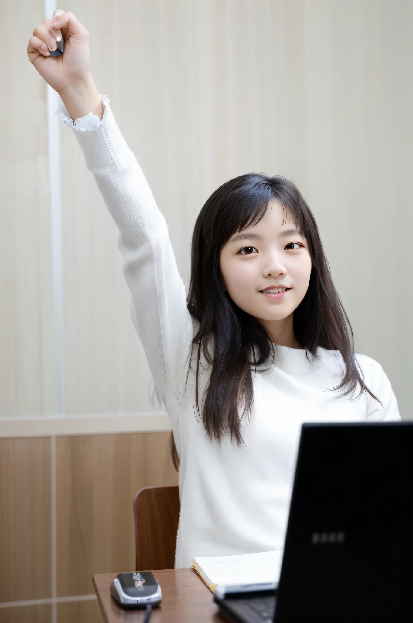 (Masterpiece, highest quality:1.2), surrealist elementary school student, smile, laughter, black hair, small breasts, little girl sitting on a chair and writing in a notebook on a desk, bright face with lights, 10-year-old korean girl, student, whole subject shown in photo, young and cute girl, in classroom, portrait of female elementary school student, young and lovely korean face, schoolgirl studying, child, beginner, sitting in classroom, young lovely korean face, cute young woman,  Portrait of Korean Female Idol, Just Change Face, Ultra Real Detail, RAW Photo, Top Quality, (Realism: 1.2), Hand Finger Length Ultra Detail, DSLR, Background Super High Resolution Quality, Finger Ultra High, 5 Fingers, A Cup Full Body Photo, Fujifilm XT3, Full Body Shot, Professional Color Rating, Physics-Based Rendering, High Resolution, Front, f 2.4, 35mm, Concept Art, Will-o'-the-wisp's Overhead Angle, Funny Somali Emerald Deep Black Pinafore,  Hair styled with short hair, Appearance 360, Highless, [(Art by Willie Baumeister:1.1), (Art by John T. Biggers:1.2)::17], Official Art, Unity 8K wallpapers, Ultra detail, Aesthetics, Masterpiece, Best Quality, Realistic