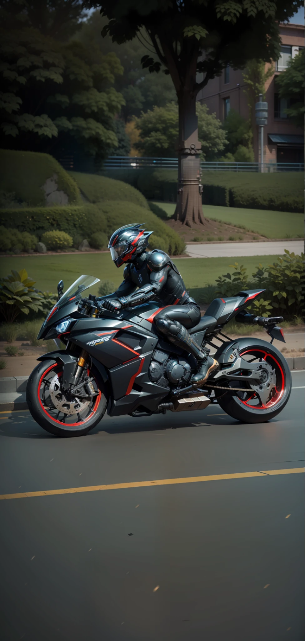 Cyber Warrior & Cybertech Mechanical Motorcycle, Mighty Male Warrior, Nousr, Biomechanics, MSHN Robot Man, Cybertech Full Surround Helmet, Surreal, Steel, Intricate Design, Crazy Detail, Fine Detail, Extremely Clear Lines, Cinematic Lighting, Photo Realistic, Detailed Masterpiece