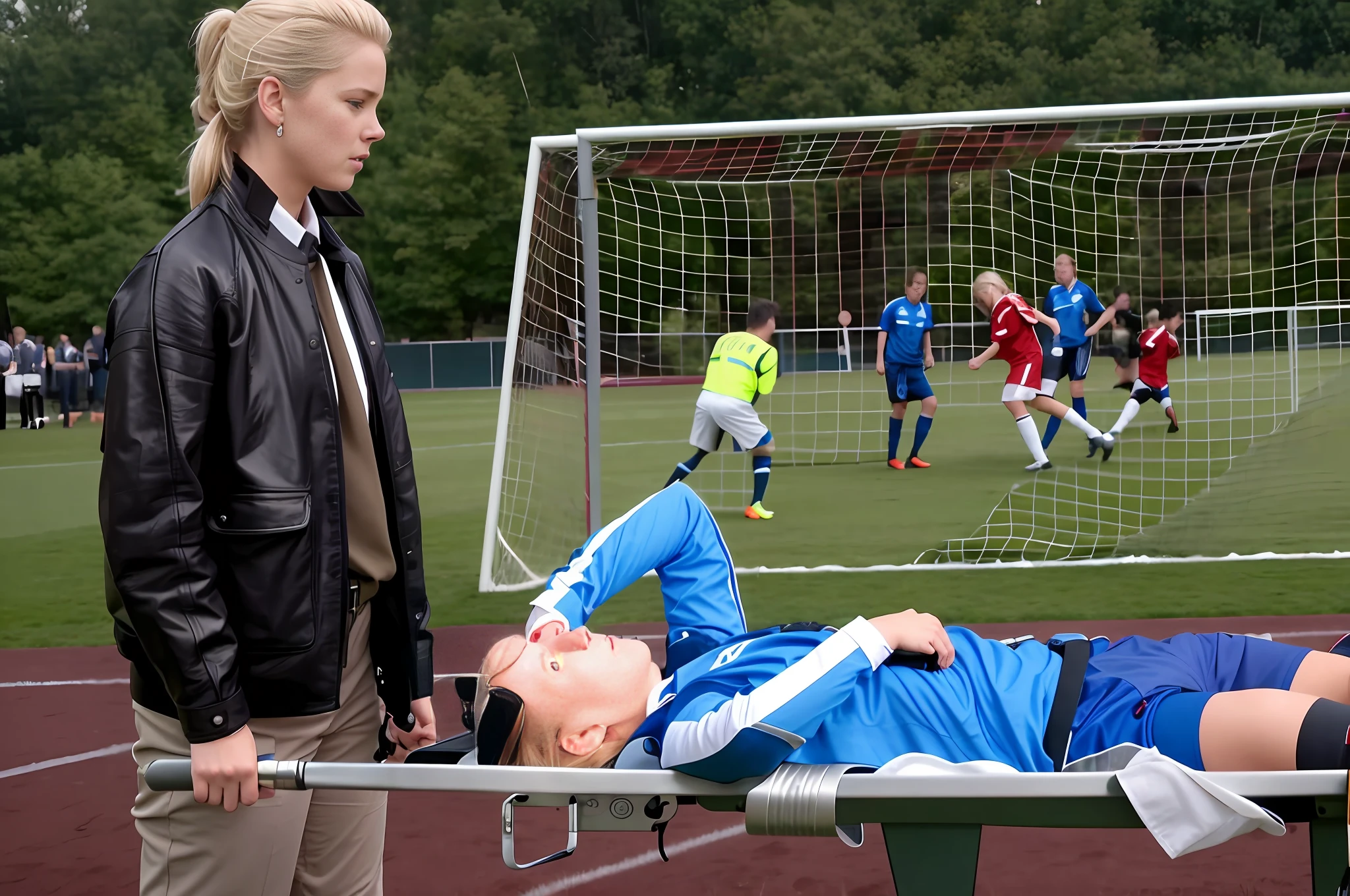 blond woman in black leather uniform lcarrying a stretcher on a soccer field with a soccer goal in the background, blond woman is desperately crying out, blond woman is crying with tears in her face, suffering young man lying on a stretcher, young man on a stretcher is suffering from pain, mid-shot, mid - shot, igla movie shot, best scene, ! movie scene, movie scene, realistic scene, scene from a movie, very realistic film still, realistic shot, mid shot, complex scene, by Christen Dalsgaard, wonderful scene