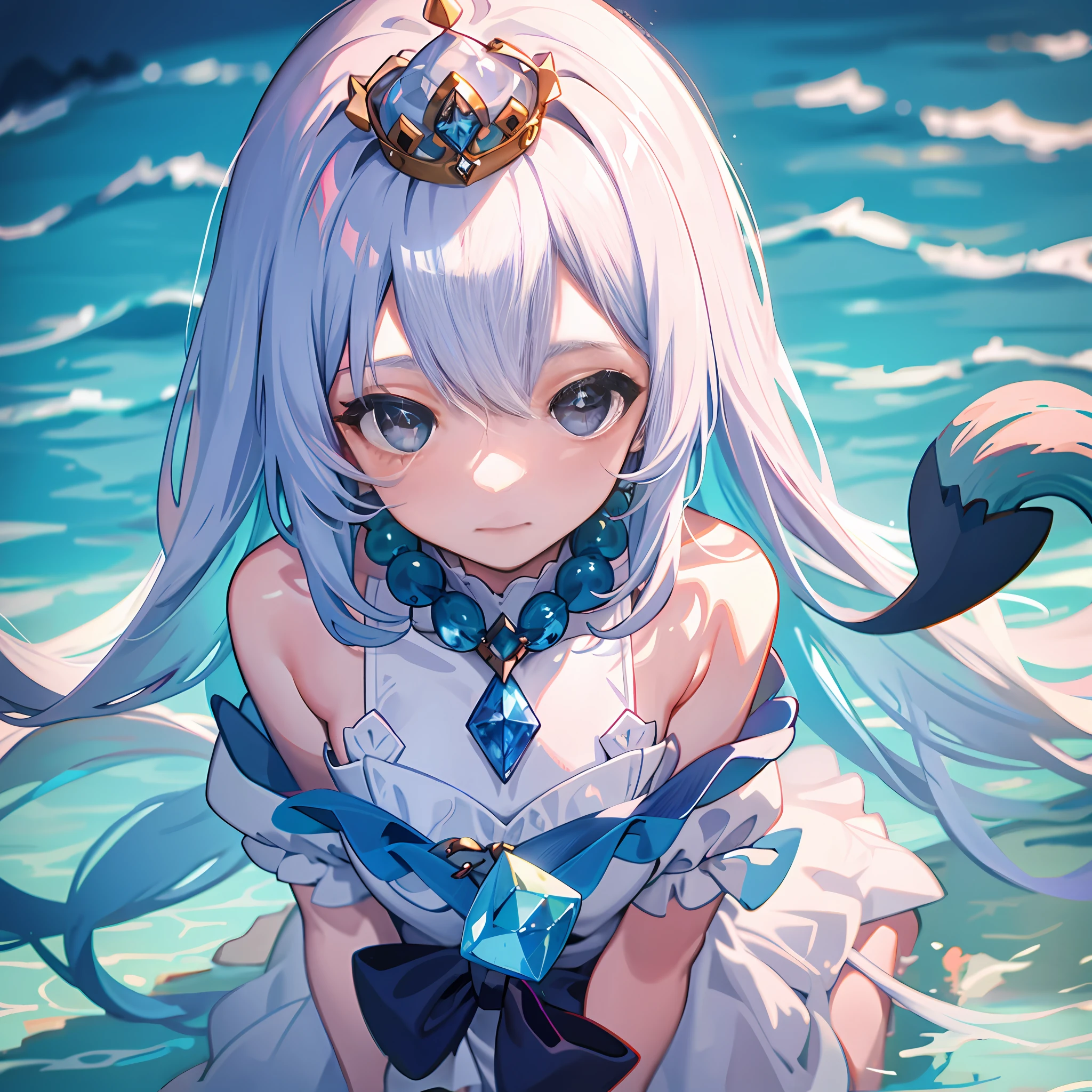 1 girl wearing crystal crown, whale, tail, ocean, mugshot, closeup