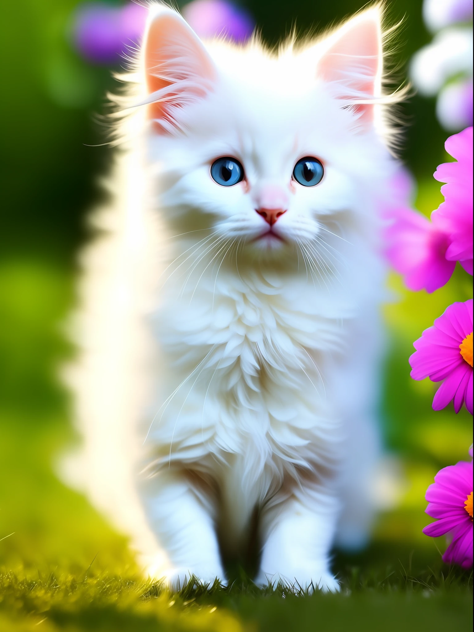 The air is full of high-definition transparent edges glowing A cute white kitten, clear facial details, flowers on the background, large aperture, this is a digital HD picture, artistic, noble kitten, fine and clear hair, transparent and bright eyes, beard roots are clearly visible, 8K