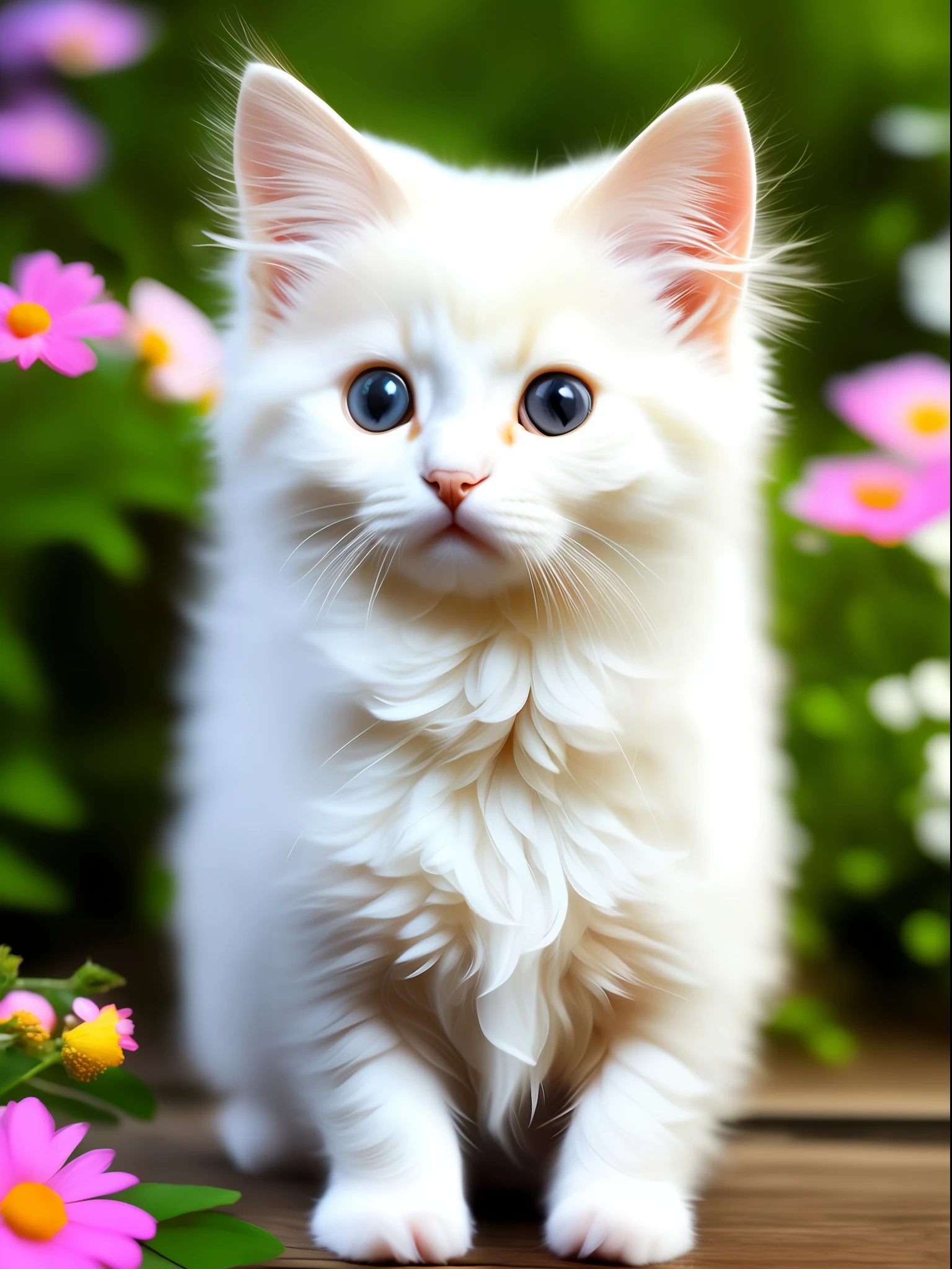 The air is full of high-definition transparent edges glowing A cute white kitten, clear facial details, flowers on the background, large aperture, this is a digital HD picture, artistic, noble kitten, fine and clear hair, transparent and bright eyes, beard roots are clearly visible, 8K