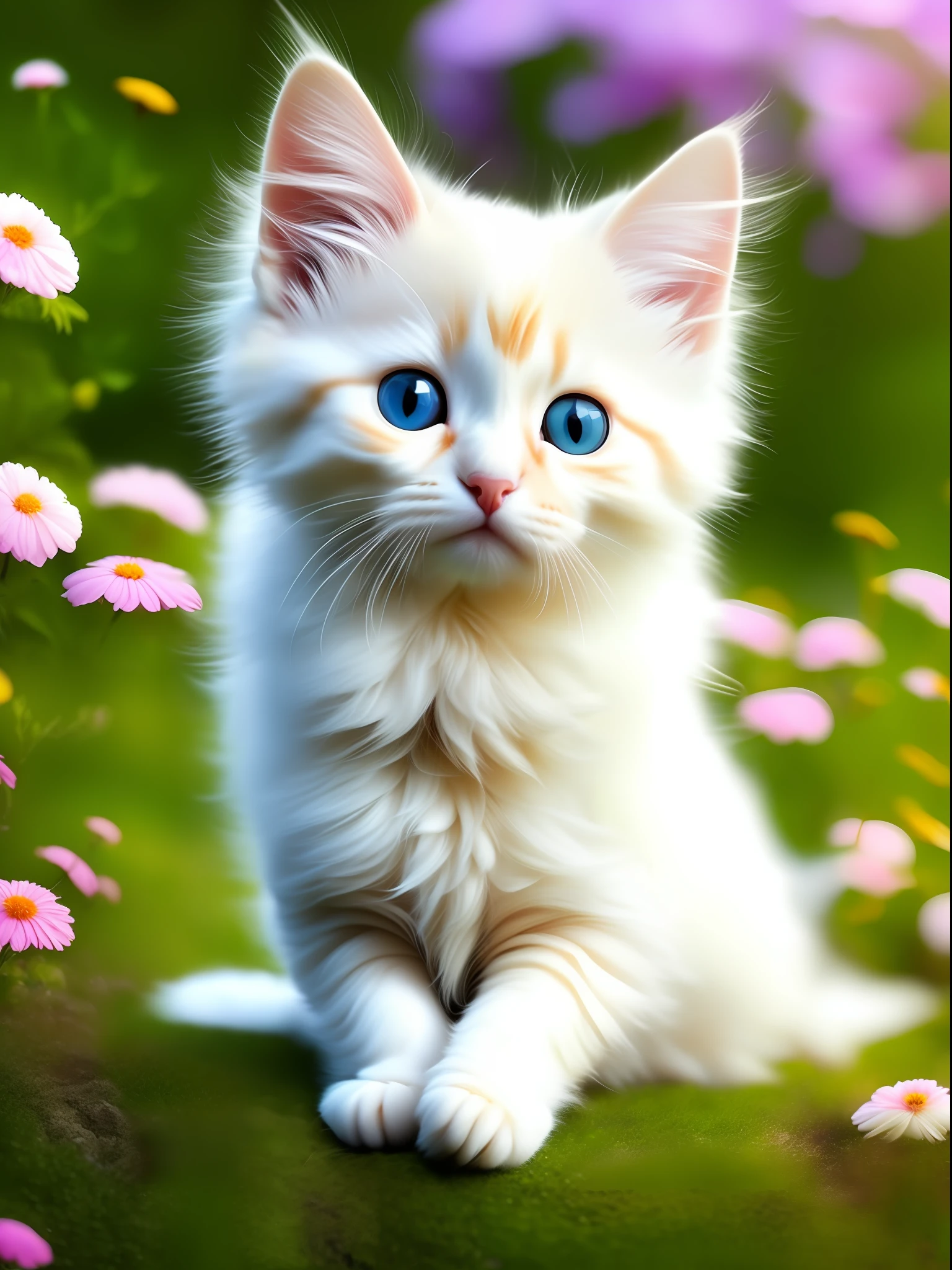 The air is full of high-definition transparent edges glowing A cute white kitten, clear facial details, flowers on the background, large aperture, this is a digital HD picture, artistic, noble kitten, fine and clear hair, transparent and bright eyes, beard roots are clearly visible, 8K