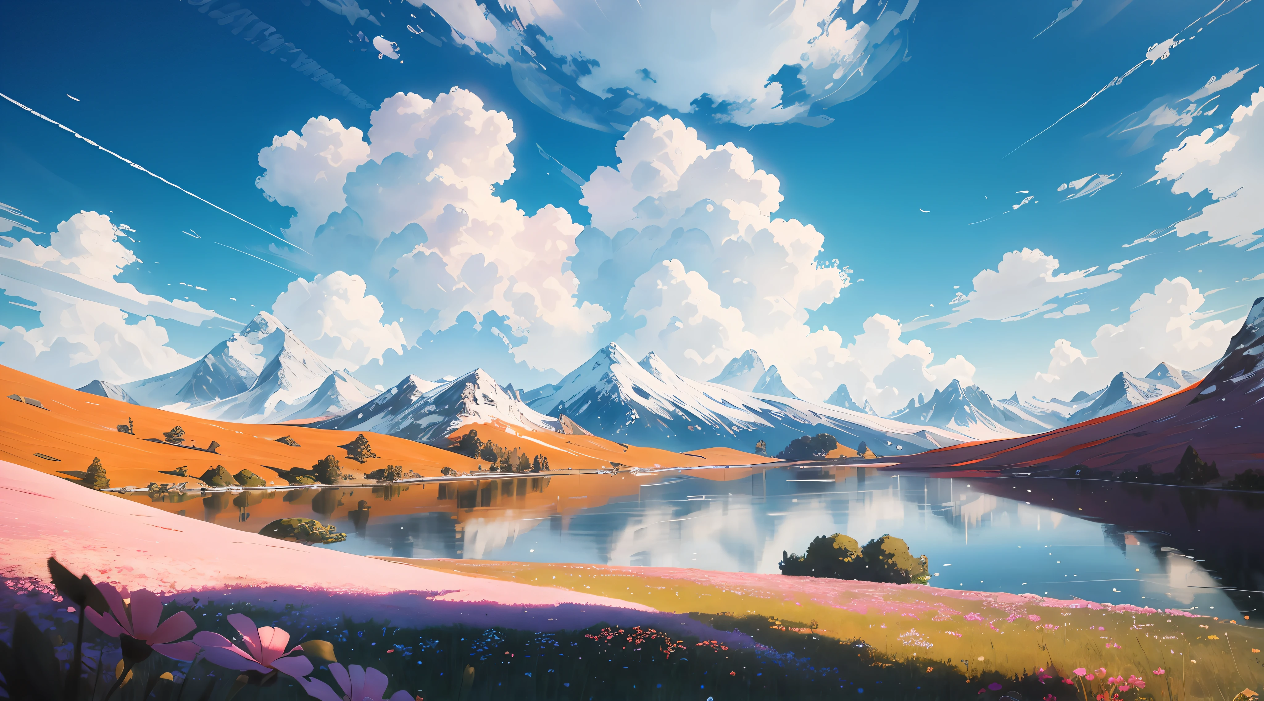 Summer, meadows, few small flowers, clear lakes, paradise, large clouds, blue sky, hot weather, HD detail, hyper-detail, cinematic, surrealism, soft light, deep field focus bokeh, distant snowy mountains, ray tracing, and surrealism. --v6