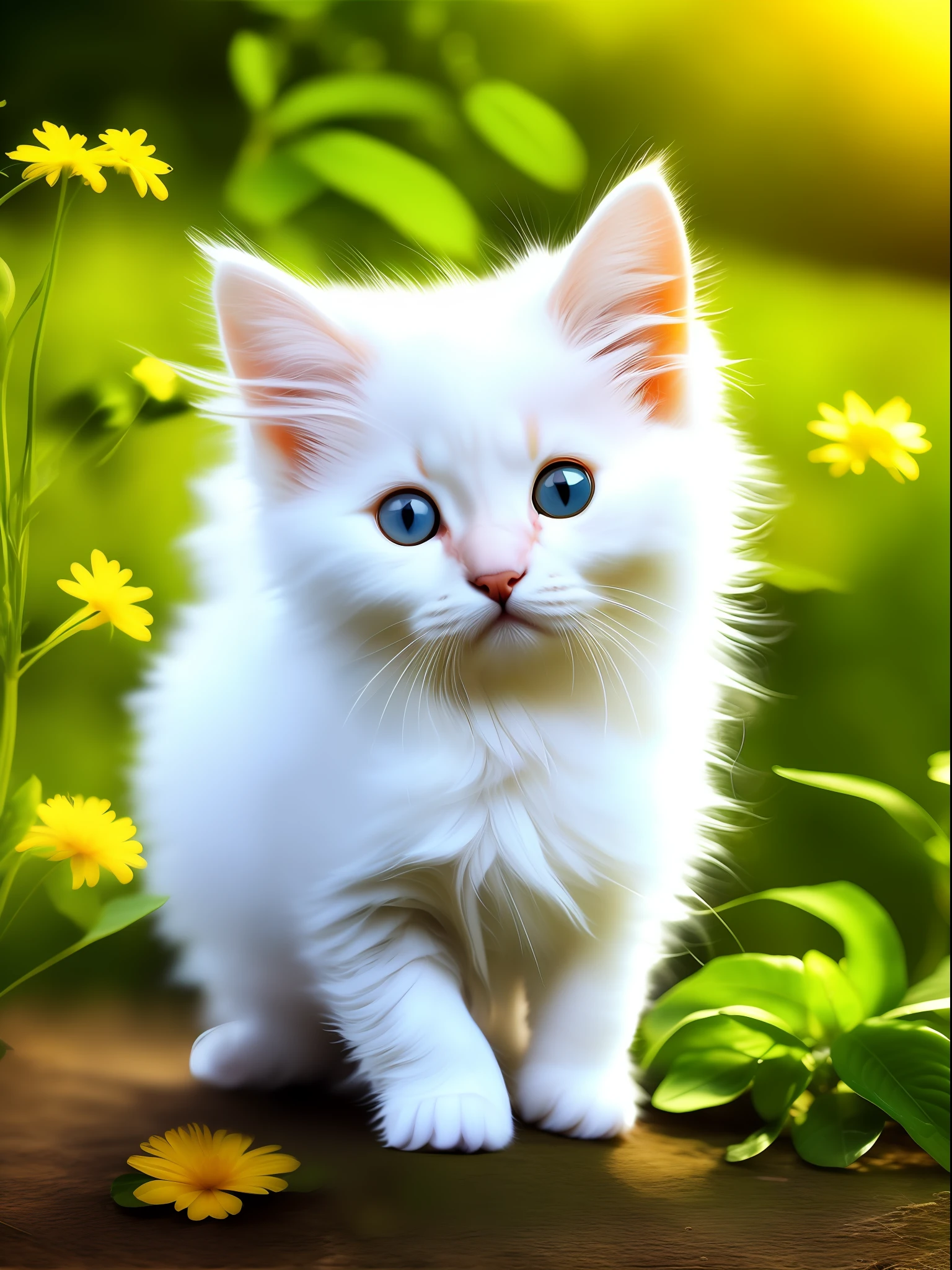 The air is full of high-definition transparent edges glowing A cute white kitten, this is a digital high-definition picture, artistic, noble kitten, fine and clear hair, transparent and bright eyes, beard roots clearly visible, 8K