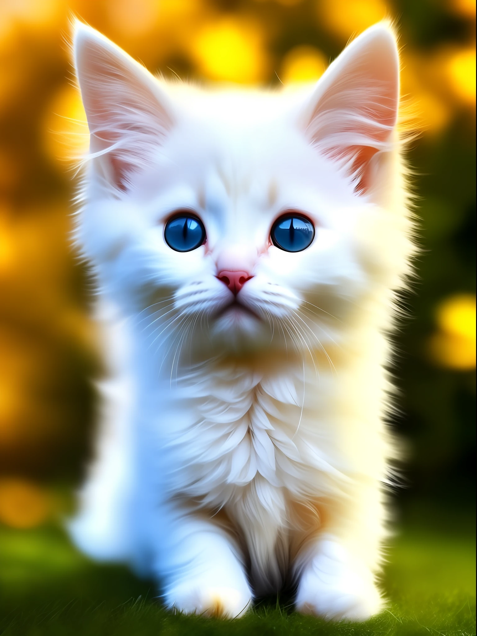 The air is full of high-definition transparent edges glowing A cute white kitten, this is a digital high-definition picture, artistic, noble kitten, fine and clear hair, transparent and bright eyes, beard roots clearly visible, 8K