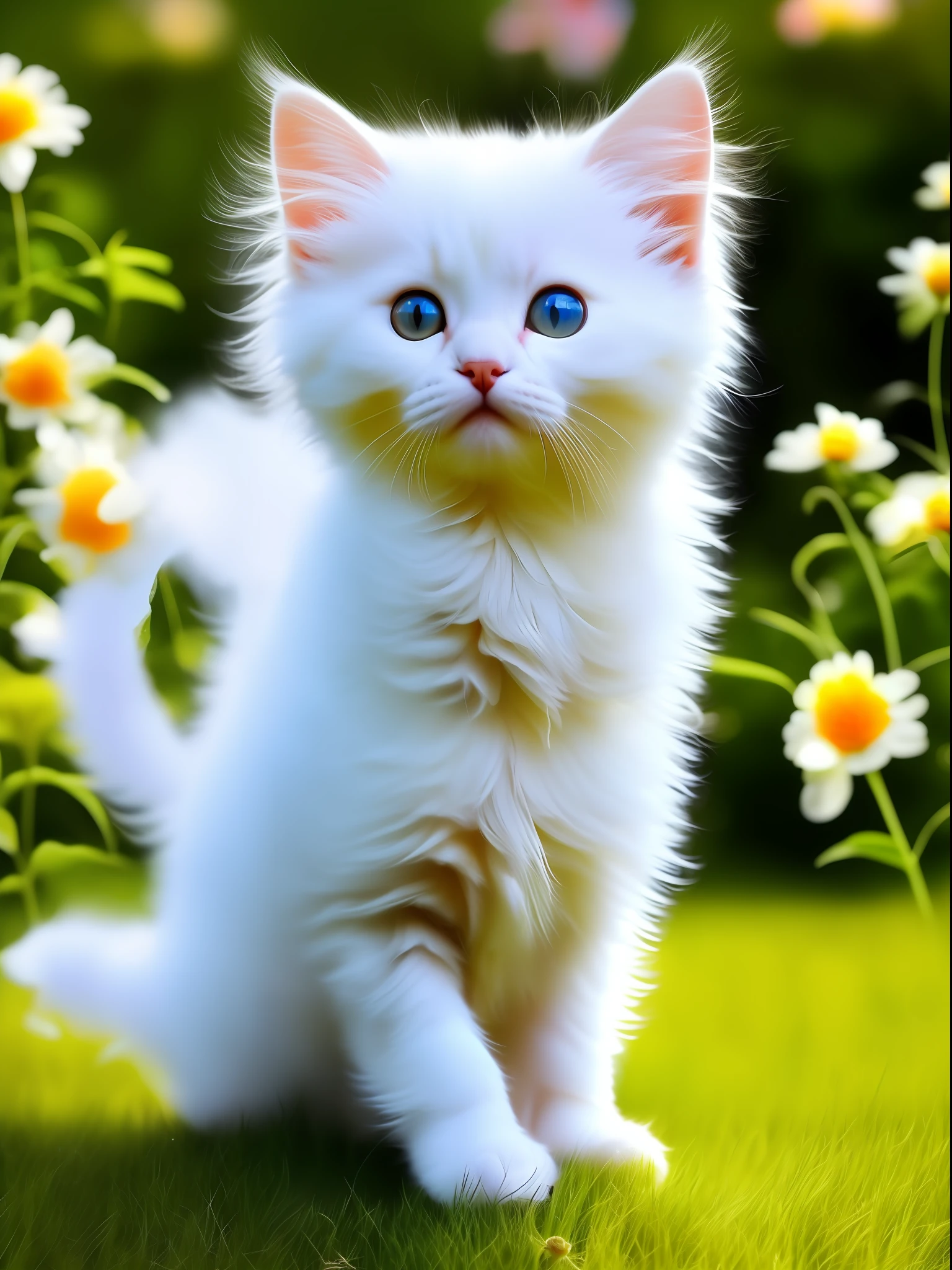 The air is full of high-definition transparent edges glowing A cute white kitten, this is a digital high-definition picture, artistic, noble kitten, fine and clear hair, transparent and bright eyes, beard roots clearly visible, 8K
