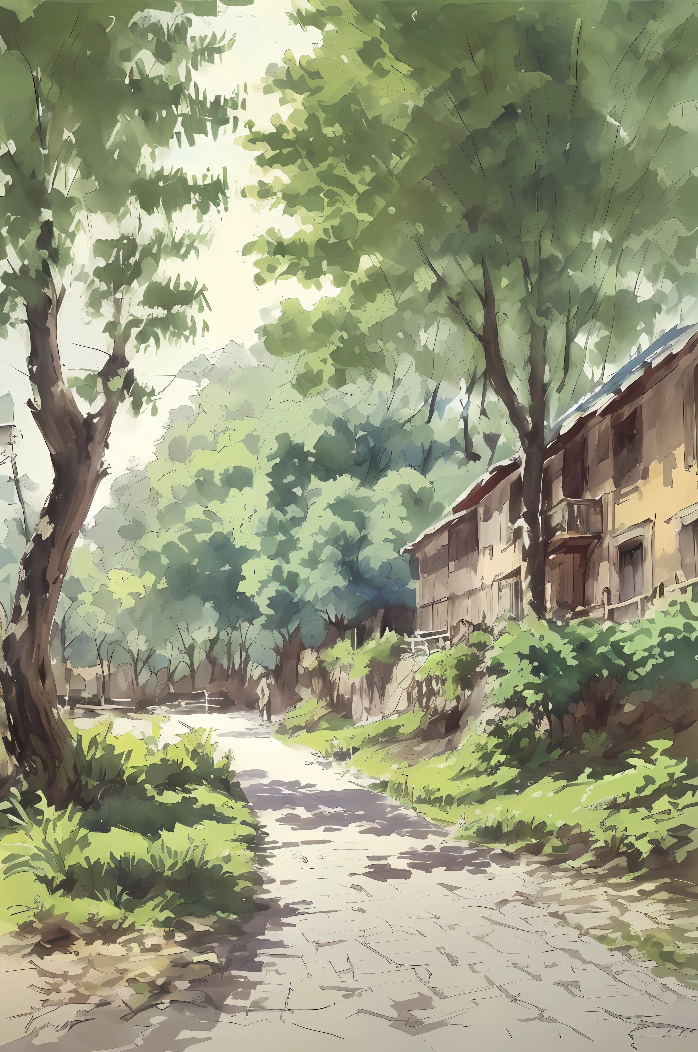 Watercolor painting, small path of Chinese rural houses, trees, bright sun, shade,