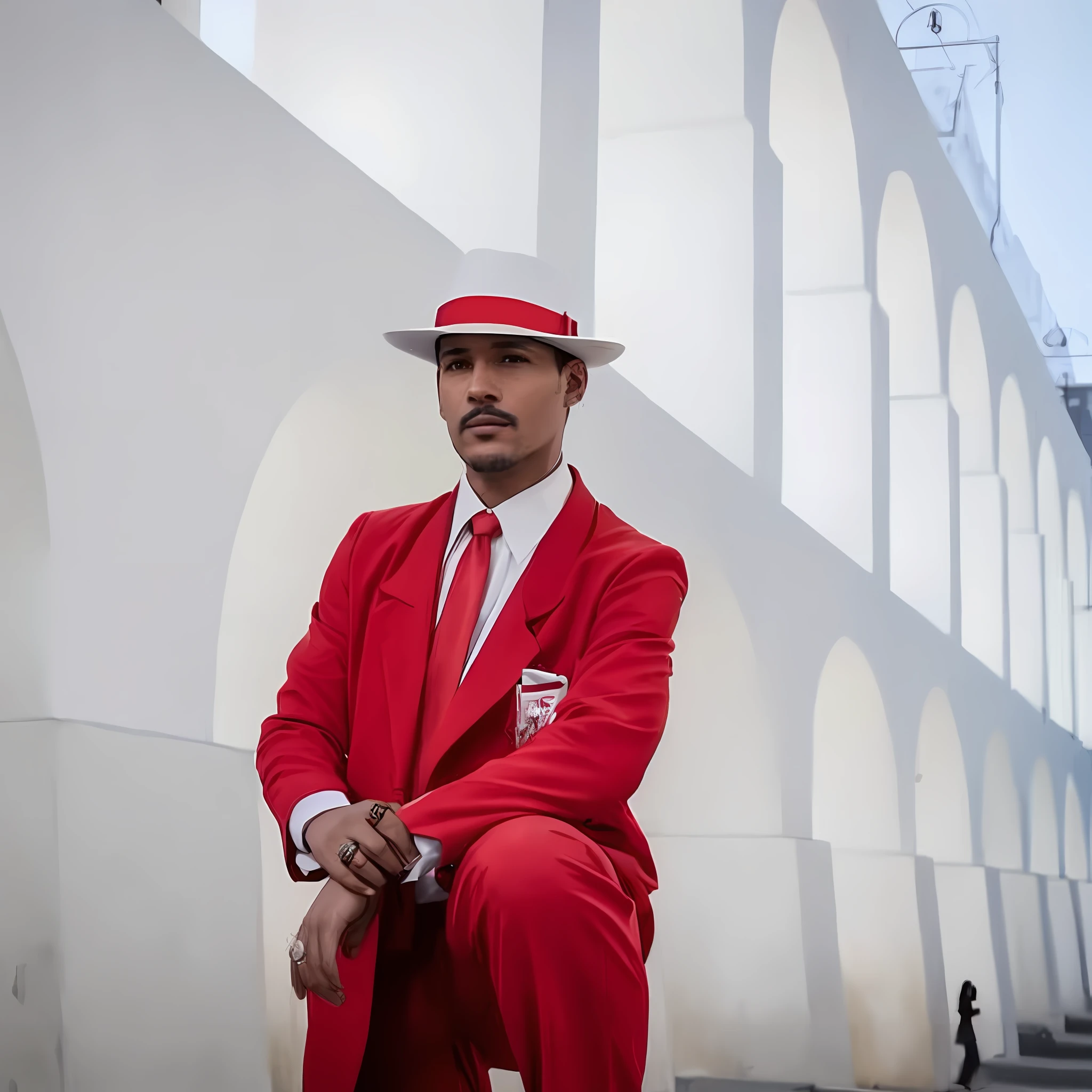there is a man in a red suit and hat sitting on a ledge, red suit, wearing red attire, a suited man in a hat, wearing a black and red suit, wearing red formal attire, dressed like in the 1940s, wearing red clothes, white suit and hat, wearing a red outfit, wearing a colorful men's suit