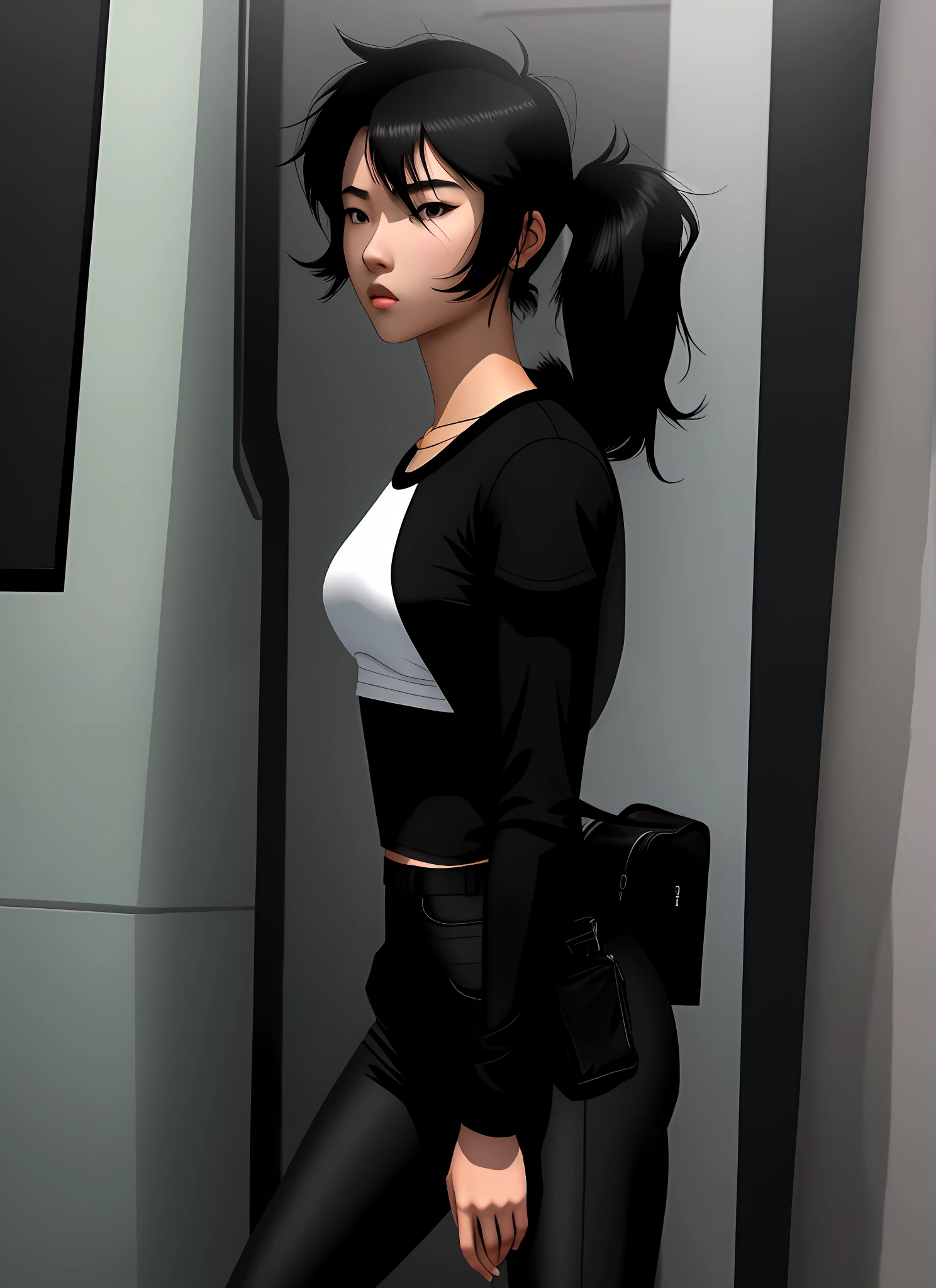 Asian girl, young girl, blue eyes, black hair stuck in a ponytail, athletic, black modern clothes, black pants, cropped shirt, cool, delinquent