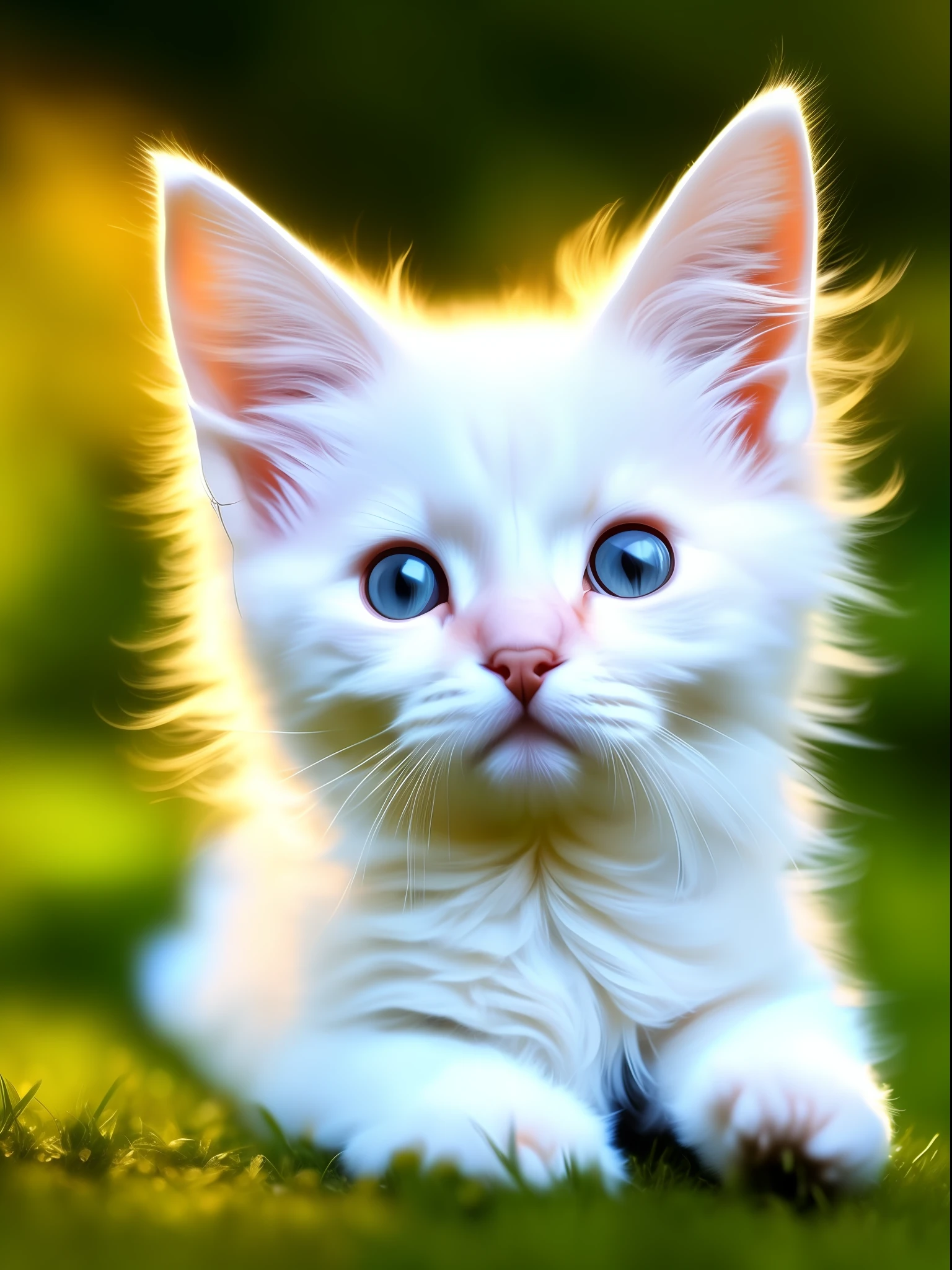 The air is full of high-definition transparent edges glowing A cute white kitten, this is a digital high-definition picture, artistic, noble kitten, fine and clear hair, transparent and bright eyes, beard roots clearly visible, 8K