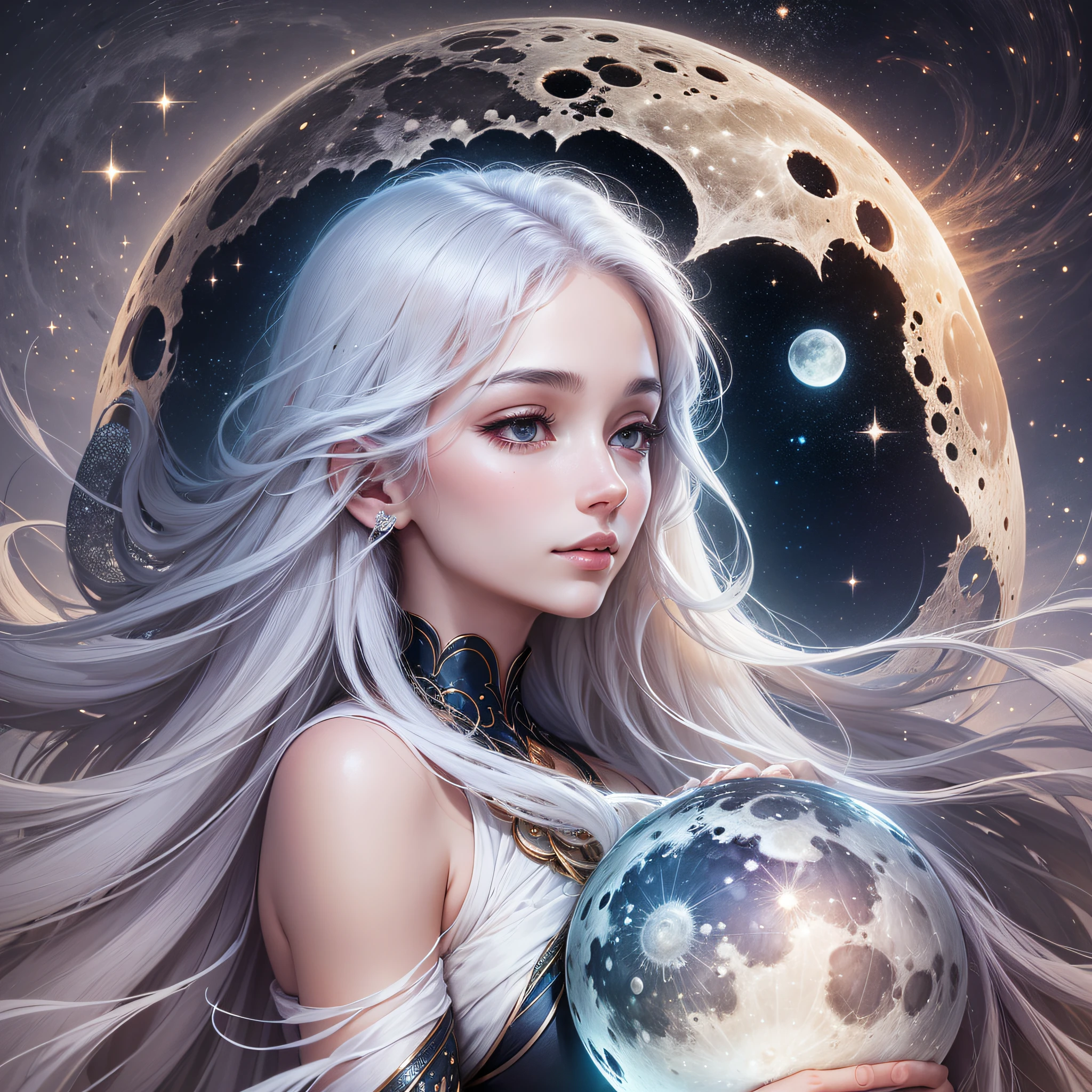 In this picture, the moon is personified as a peaceful and mysterious female figure.
Her figure is elegant and gentle, like a bright moonlight sprinkling the earth. Her skin was like a moon-white pearl, radiating tranquility and peace.
Her hair was long and silky, like the silk of moonlight floating in the sky. The moonlight reveals a faint silver glow, shimmering with a mysterious and soft light, just like the moonlight of the moon and the vastness of the stars.
Her face shows serenity and wisdom, and her eyes are like bright moons, revealing depth and wisdom. With the tranquility of the moon and the gentleness of the moonlight in his eyes, he is the guardian and traveler of the moon.
Her hands gently caressed her heart, as if transmitting tranquility and warmth. The texture of the moon and the twinkling of the stars are reflected on the palm, symbolizing the peace of the moon and the vastness of the universe.
In her background, peaceful lunar scenes such as lunar seas, craters and mountains are presented, reflecting the serenity and serenity of the moon.
The whole picture exudes a peaceful and mysterious atmosphere, representing the tranquility and serenity of the moon.
The painting conveys awe and praise for the moon. By anthropomorphizing the Moon into a peaceful and mysterious female figure, the importance of the Moon to the connection and natural cycle between humans is emphasized.
Overall, this anthropomorphic image of the Moon presents a peaceful and mysterious image that highlights the beauty and serenity of the Moon. --auto --s2