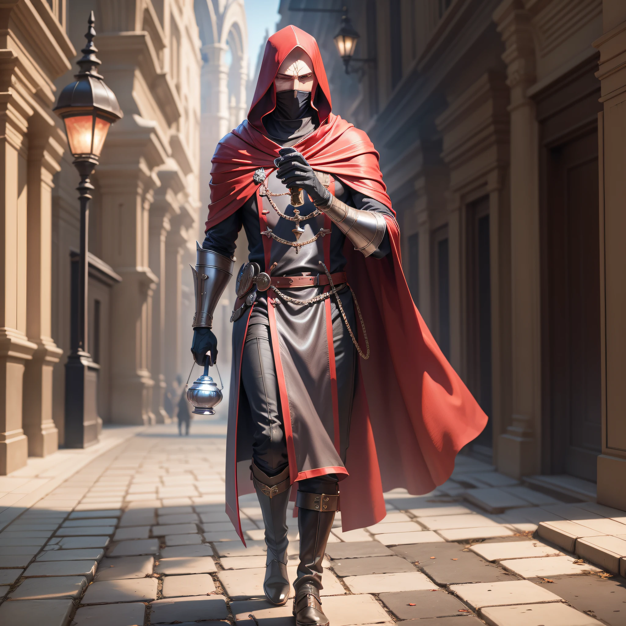 A man in a crimson cloak, frontal, holding chess in one hand, chess glowing and shining, the law of heaven and earth, without showing his face, walking on the road