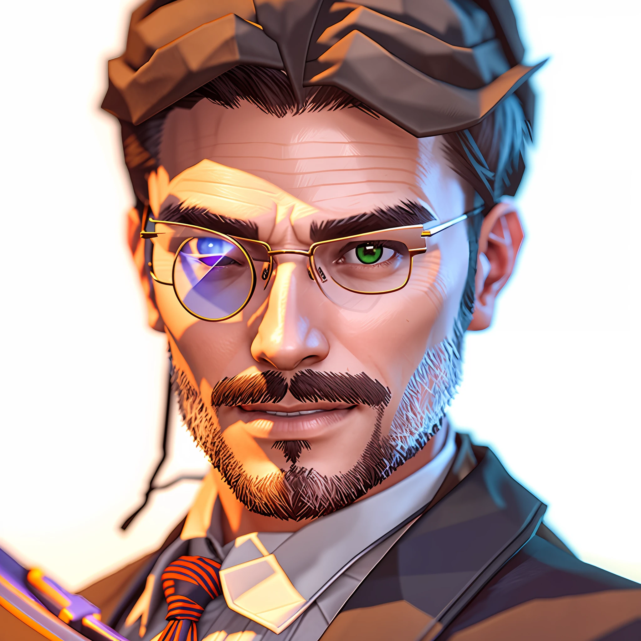 Close-up of a man wearing a tie and glasses, monocle, symmetrical portrait RPG avatar, Unreal 5. RPG portrait, epic RPG portrait, avatar image, character icon, Kieran Yanna style, close-up portrait of craftsman, stylized portrait, stylized portrait H 640, RPG portrait, RPG character avatar