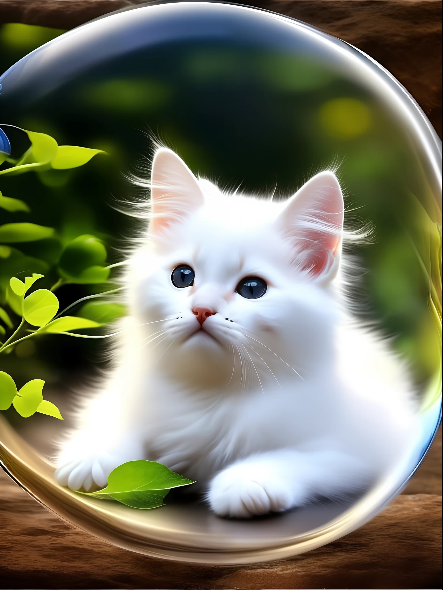 Inside the high-definition transparent edge glowing bubble is a sleeping white kitten, this is a digital high-definition picture, artistic, noble kitten, fine and clear hair, transparent and bright eyes, beard roots are clearly visible, 8K,