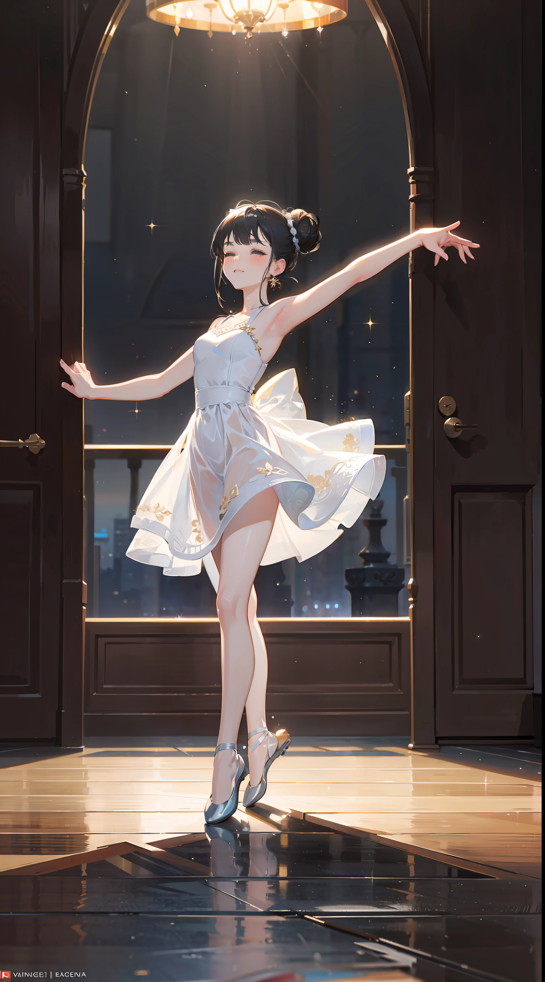 (ballerina, ballet slippers, ballet, solo, skates, pantyhose, dress, dancing),(opera house:1.3),(1girl, ballerina, tutu, ballet, ballet slippers, solo, black hair, hair bun, dancing, single hair bun, closed eyes, dress, jewelry, earrings, bare shoulders, standing),(ballerina, ballet, ballet slippers,solo, dress,) (black hair, window, hair bun, single hair bun, dancing, see-through, indoors, tree, white dress,)(full body:1.3, solo focus,),(The girl was controlled by a demon's thug, like a puppet, with huge claws protruding from above, surrounded by scattered stage ruins. The girl seemed to be performing without an audience, dancing slowly with the shimmering rhythm.),Unreal Engine, Realistic, Detailed Rendering, Volumetric Lighting, Octane Rendering, Focus, Tyndall Effect, HD, Photography Style, Masterpiece, Perfect Work, Masterpiece, Award-winning work,intricately detailed,(Characters only occupy one tenth of the screen),(scenery, indoors, (reflective floor:1.5), chandelier, window, reflection, , (stained glass:1.3), architecture, (statue:1.2)),best quality, super detailed, masterpiece, illustration, (clear background), (detailed light), lighting, (wide-angle viewing angle: 2, ),(lam_style, colorful_hair),((masterpiece)), (realistic), (3d face:1.2), (solo:1.2), (original), (very detailed wallpaper), photographic reality, very detailed illustrations, (super intricate details), perfect detail Features, Perfect Detail, (Super Intricate Detail), Panorama,, (Cybernetically Enhanced), (Glowing Eyes), (Snow: 1.2), (Otherworldly: 1.5), (Candlelight: 1.2),, (Wood structure:1.2), (smooth:1.2), (night:1.2), (mystery:1.2), (hover:1.2), (float:1.2), (hover:1.2), (torii:1.2), ( Surreal: 1.2), (Fantasy: 1.2), (Radiation: 1.2), (Sparkle: 1.2), (Blink: 1.2), (Glow: 1.2), (Glow Pattern: 1.2), pureerosface_v1
