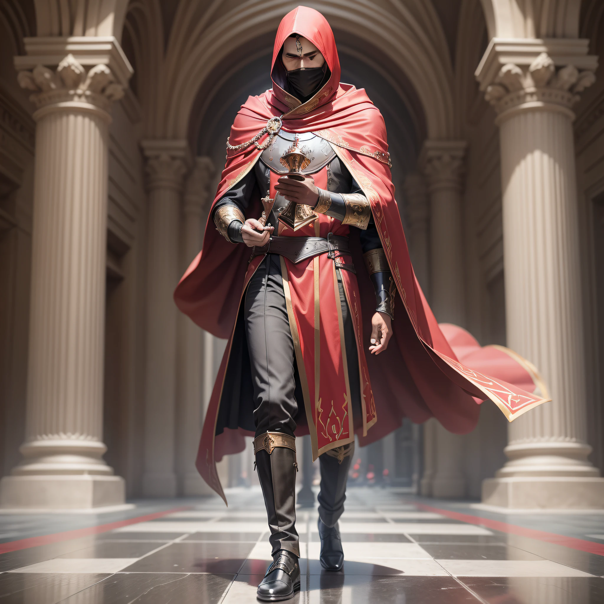 A man in a crimson cloak, frontal, holding chess in one hand, chess glowing and shining, the law of heaven and earth, without showing his face, walking on the road