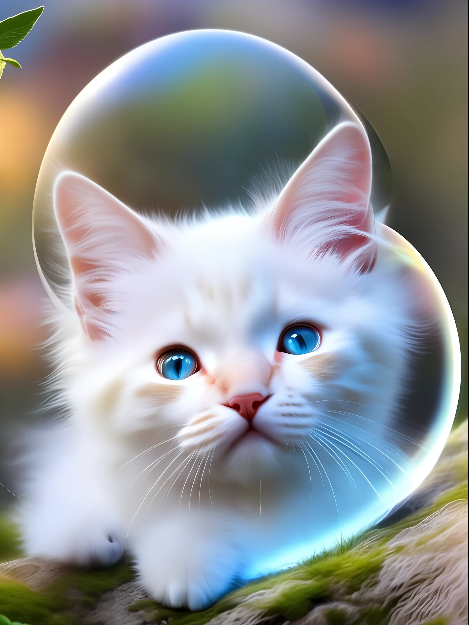 Inside the high-definition transparent edge glowing bubble is a sleeping white kitten, this is a digital high-definition picture, artistic, noble kitten, fine and clear hair, transparent and bright eyes, beard roots are clearly visible, 8K,