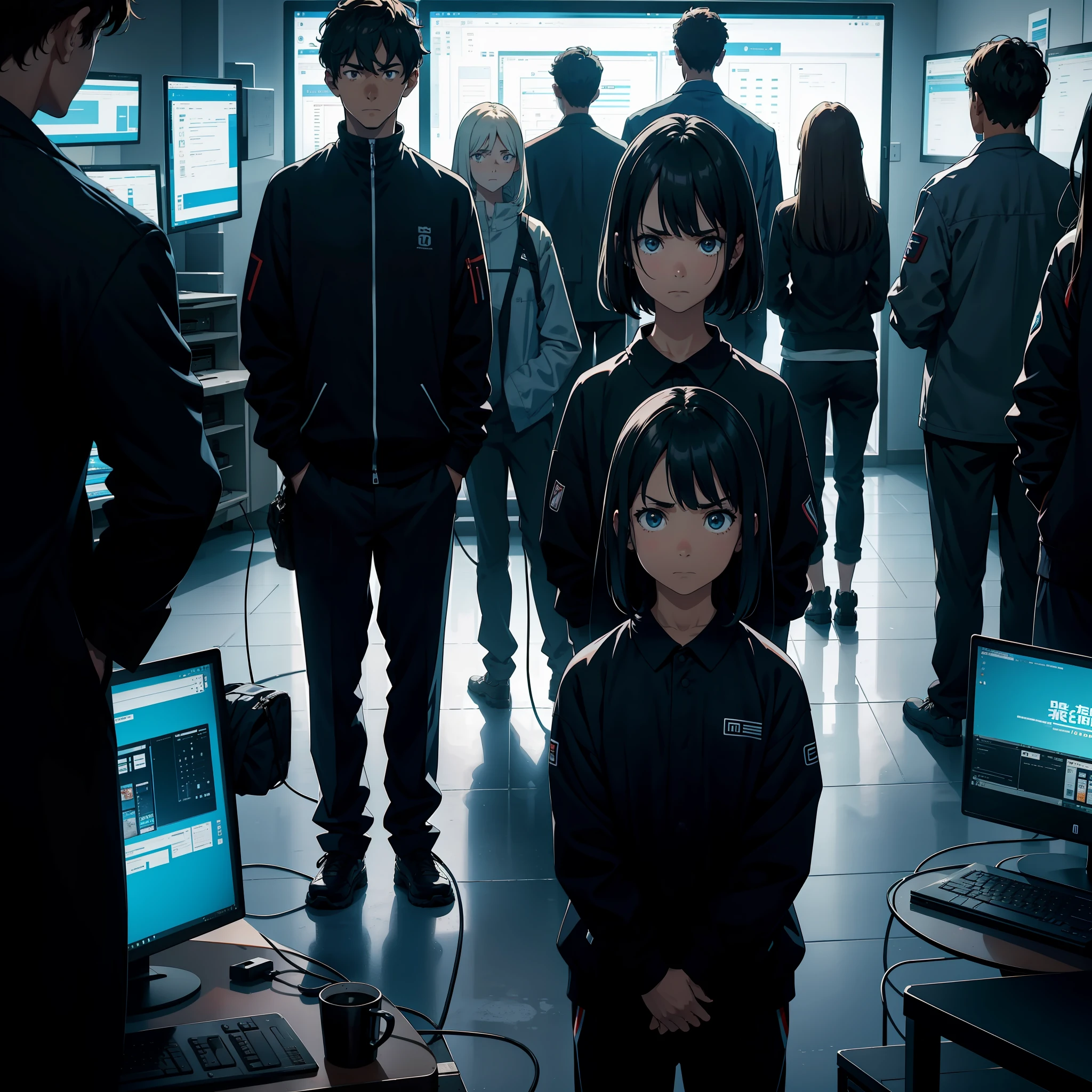 A group of people stood in front of a computer screen, looking anxious, serious, with men and women