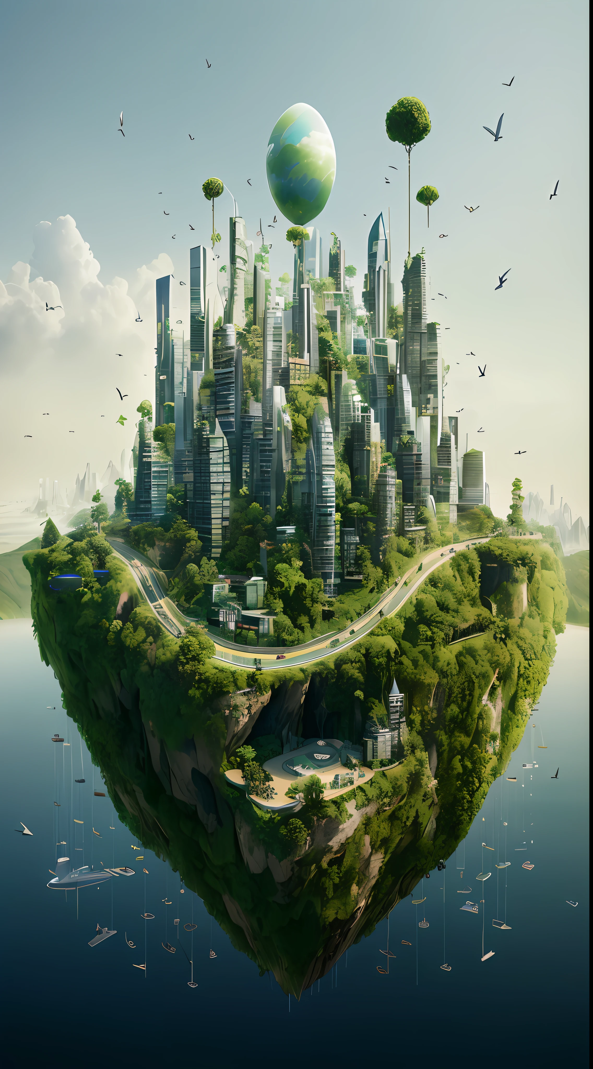 There is a floating island with a lot of buildings and trees, floating city in the sky, floating city in the sky, floating city on the clouds, floating island in the sky, floating island, floating and flying island, surreal 3D rendering, in the ecological city, island floating in the sky, island floating in the air, landscape of the future city, flying island in the sky, environmental protection advertising, symbiosis with all things, make the world more beautiful, save the earth's resources, regulate climate recovery, and move towards green civilization