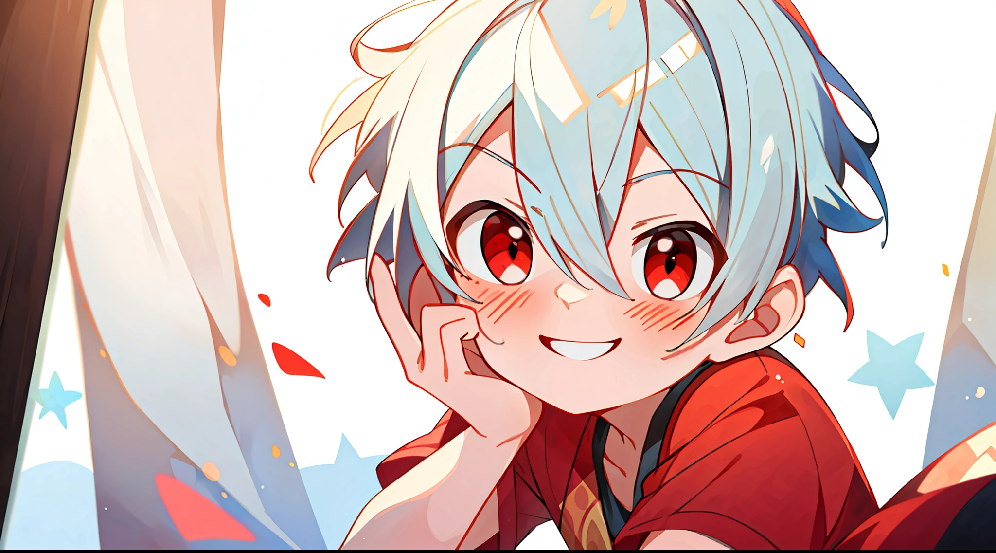 ((masterpiece)),(((best quality))), (high-quality, breathtaking),(expressive eyes, perfect face), 1boy, solo, male, short, young, small boy, short white hair, red eyes, smiling, blushing, idol outfit, short shorts, on stage