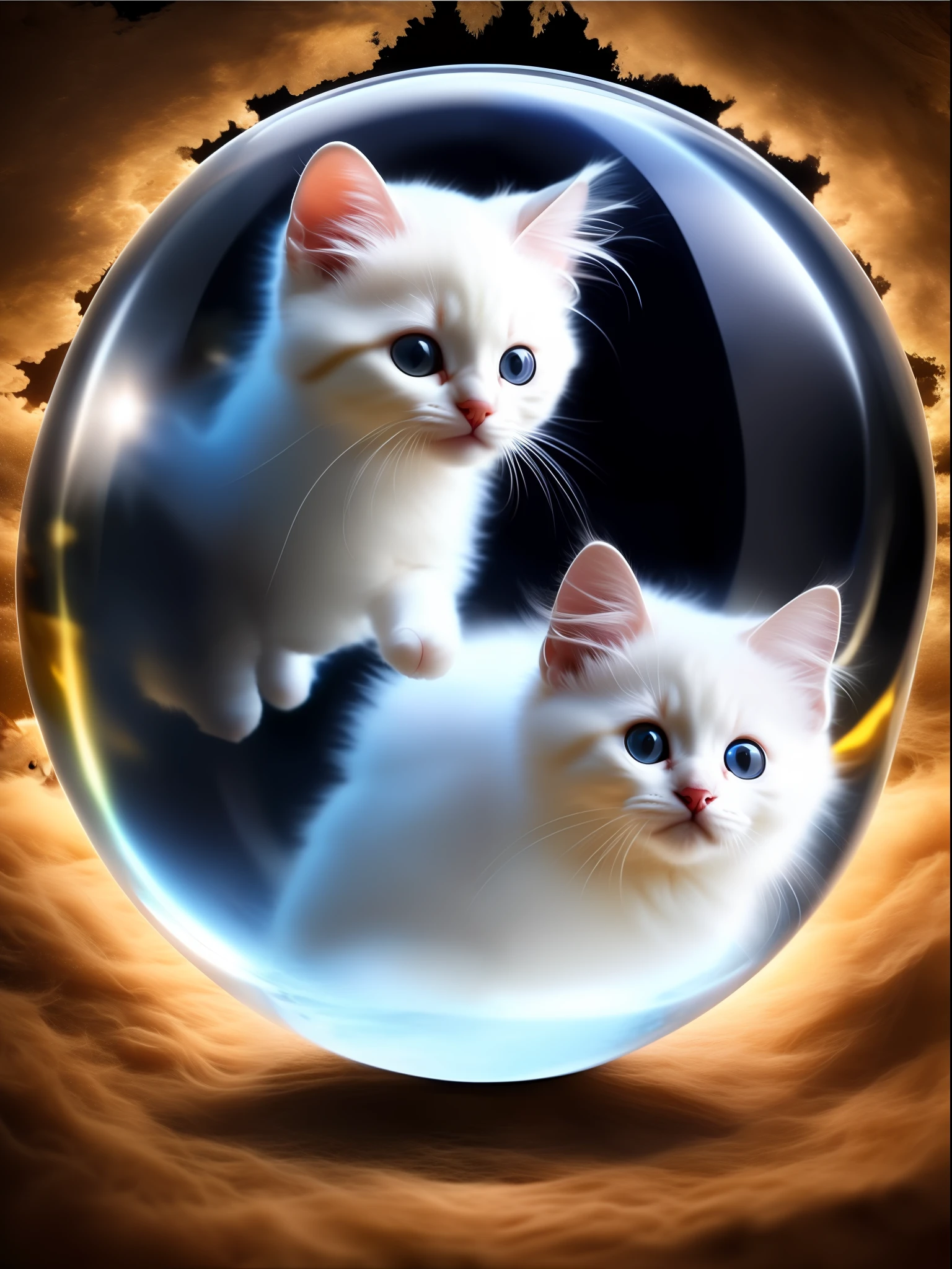 A cute white kitten inside the huge bubble glowing with high-definition transparent edges, this is a digital high-definition picture, artistic, noble kitten, fine and clear hair, transparent and bright eyes, beard roots are clearly visible, 8K,