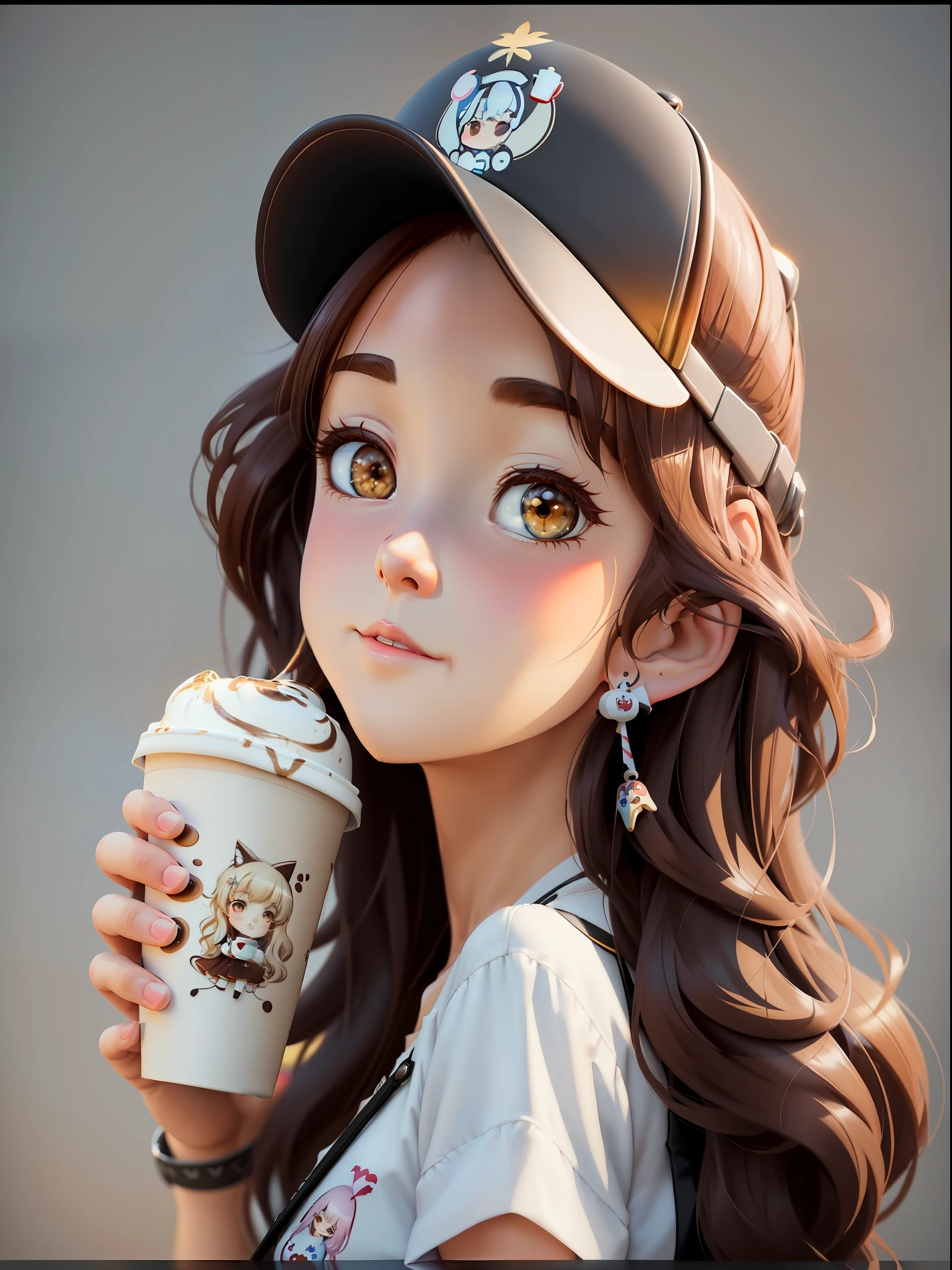 a close up of a cartoon girl holding a cup of coffee, mysterious coffee shop girl, realistic cute girl painting, cute art style, realistic art style, cute cartoon character, cute cartoon, cute digital art, realistic anime 3 d style, realistic artstyle, adorable digital painting, photorealistic!!!!!!! art style, digital cartoon painting art, artwork in the style of guweiz