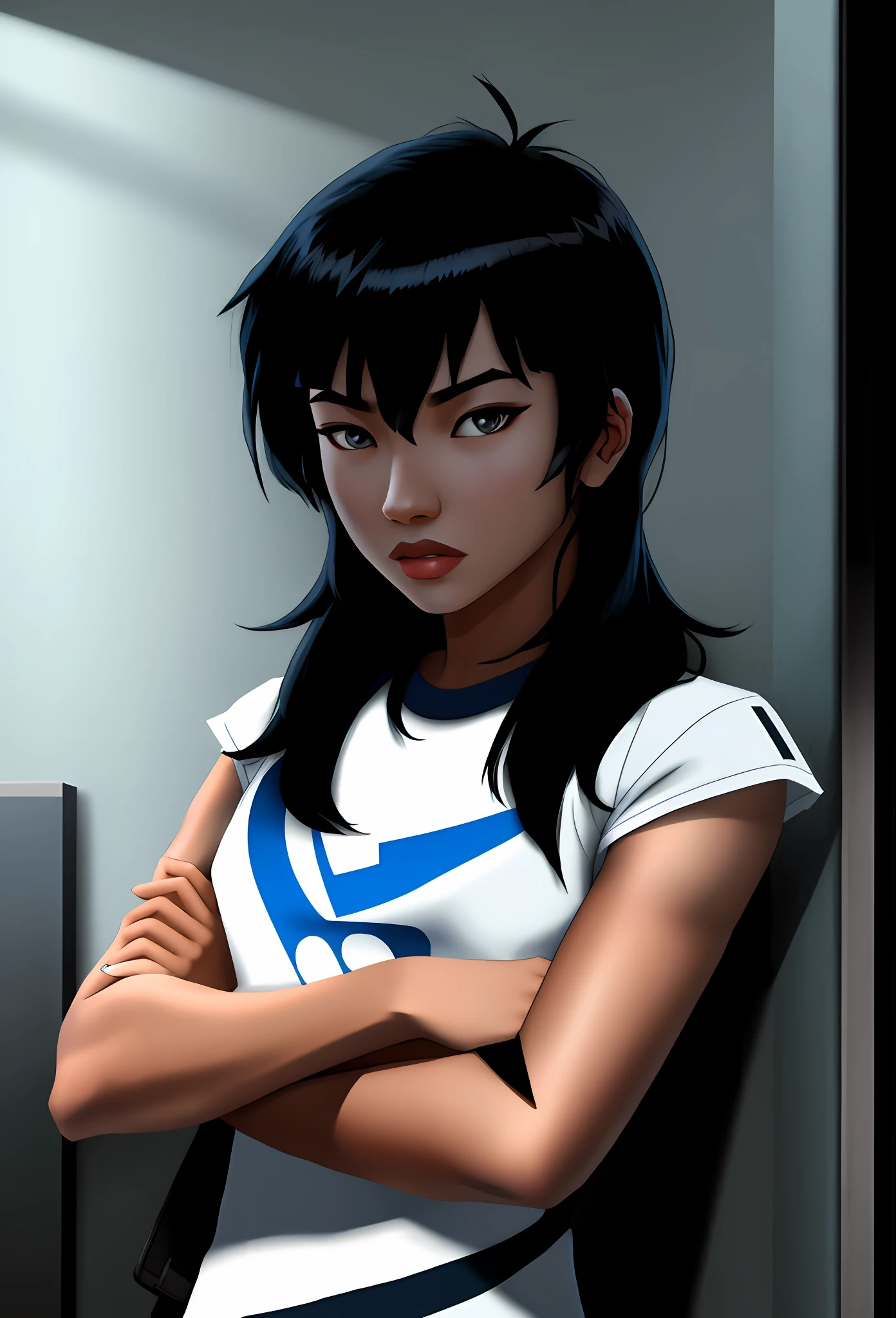 Asian girl, black hair with bangs and mullet, blue eyes, young girl, athletic physique, black T-shirt, cool delinquent