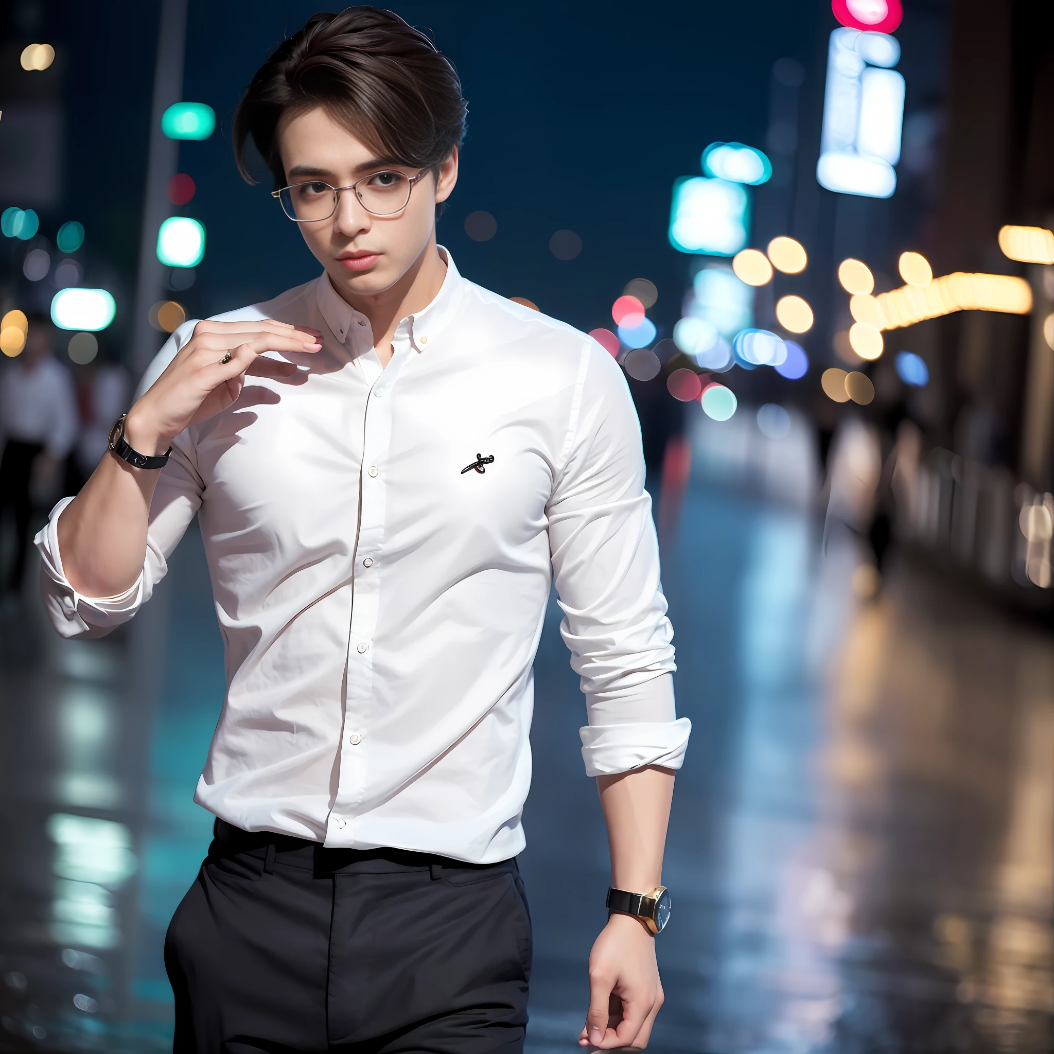 Casual pose, (extremely delicate and beautiful work), (masterpiece), 1boy, overbearing president, gold wire glasses, white shirt, high detail, suit, watch, cold expression, clear eyes, simple bokeh background, extreme detail depiction, handsome and compelling, super fine painting, delicate face, fine mix4, (8k, RAW photo, best quality, masterpiece: 1.2), (realistic, realistic: 1.37), 1boy, handsome, cityscape, (((night))), rain, wet, professional lighting, photon mapping, radiosity, physically-based rendering,