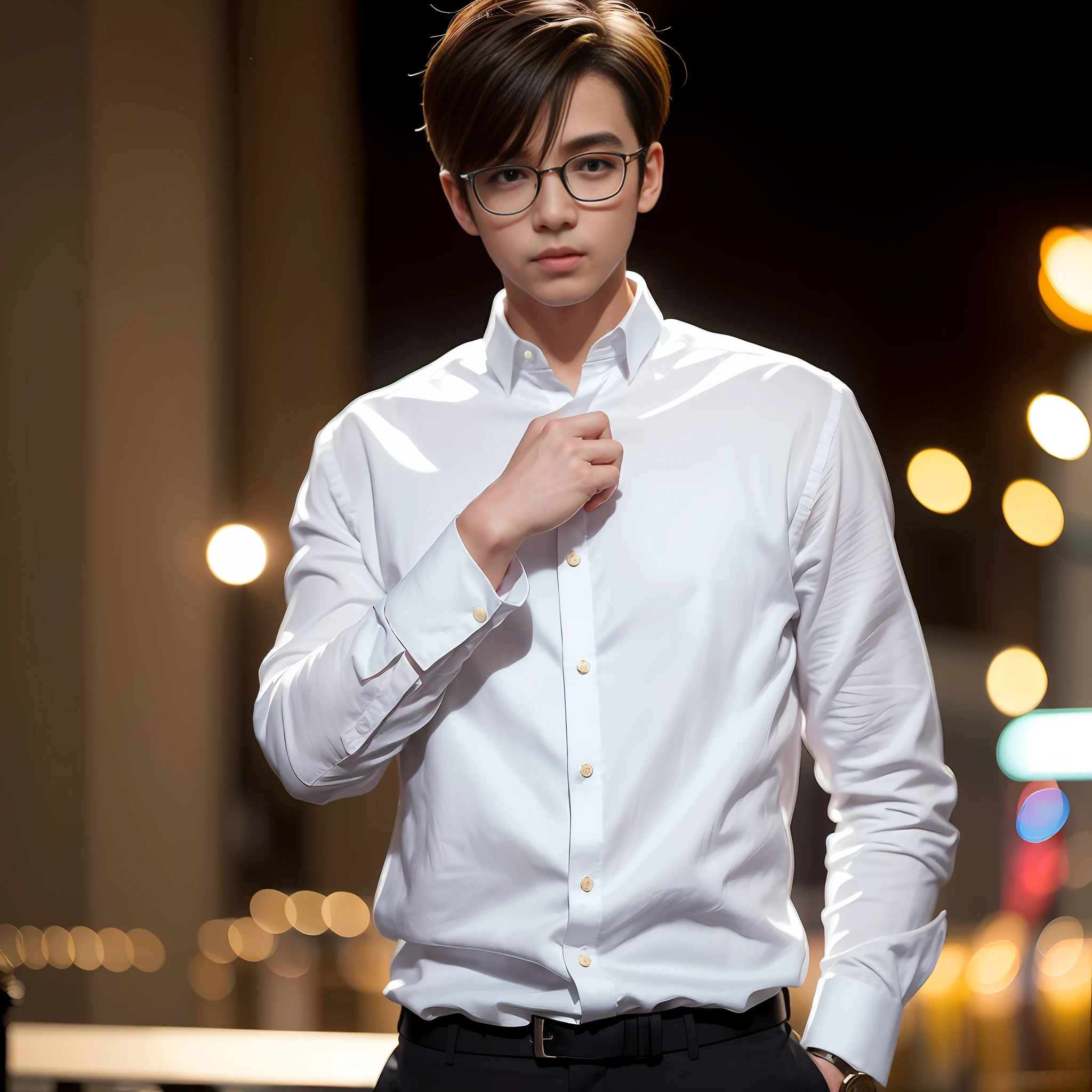 Casual pose, (extremely delicate and beautiful work), (masterpiece), 1boy, overbearing president, gold wire glasses, white shirt, high detail, suit, watch, cold expression, clear eyes, simple bokeh background, extreme detail depiction, handsome and compelling, super fine painting, delicate face, fine mix4, (8k, RAW photo, best quality, masterpiece: 1.2), (realistic, realistic: 1.37), 1boy, handsome, cityscape, (((night))), rain, wet, professional lighting, photon mapping, radiosity, physically-based rendering,