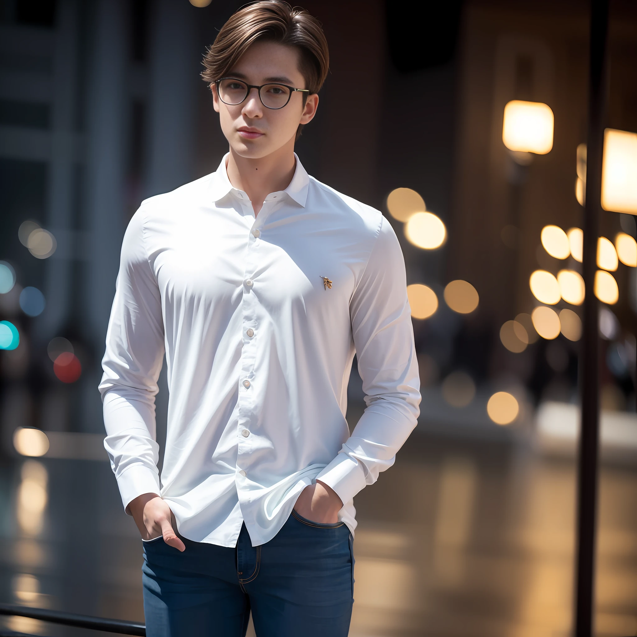 Casual pose, (extremely delicate and beautiful work), (masterpiece), 1boy, overbearing president, gold wire glasses, white shirt, high detail, suit, watch, cold expression, clear eyes, simple bokeh background, extreme detail depiction, handsome and compelling, super fine painting, delicate face, fine mix4, (8k, RAW photo, best quality, masterpiece: 1.2), (realistic, realistic: 1.37), 1boy, handsome, cityscape, (((night))), rain, wet, professional lighting, photon mapping, radiosity, physically-based rendering,