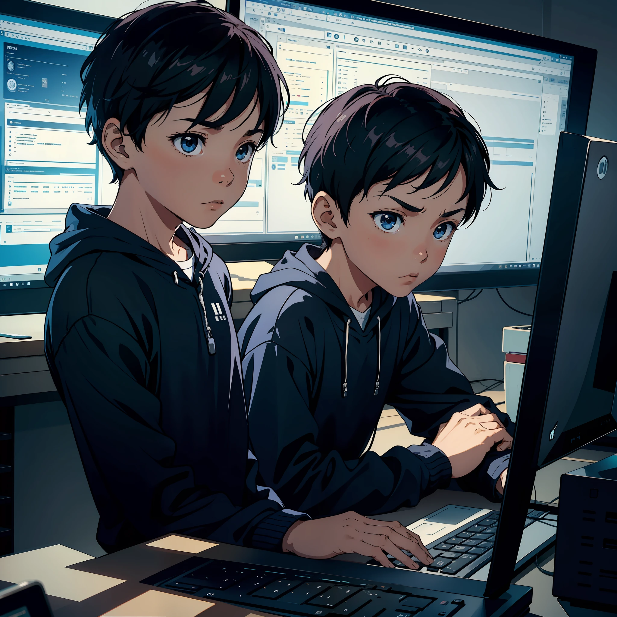 A boy sits in front of a computer screen, looking anxious, serious, and in the room