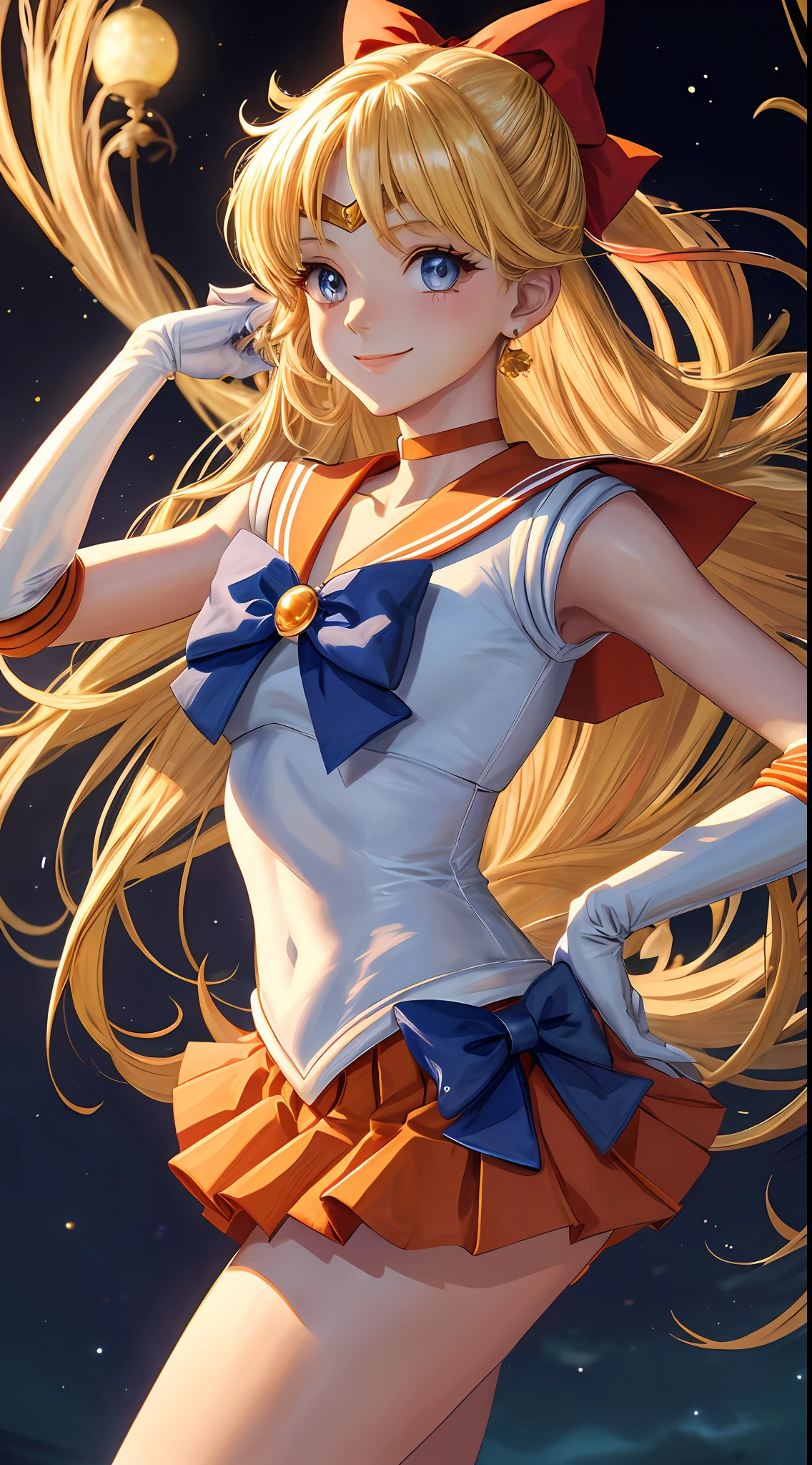 masterpiece, best quality, highres, venus1, 1girl, solo, sailor senshi uniform, sailor venus, aino minako, blonde hair, magical girl, blue eyes, orange skirt, elbow gloves, tiara, pleated skirt, hair bow, orange sailor collar, miniskirt, choker, red bow, orange choker, white gloves, very long hair, jewelry, earrings, cowboy shot, smile,