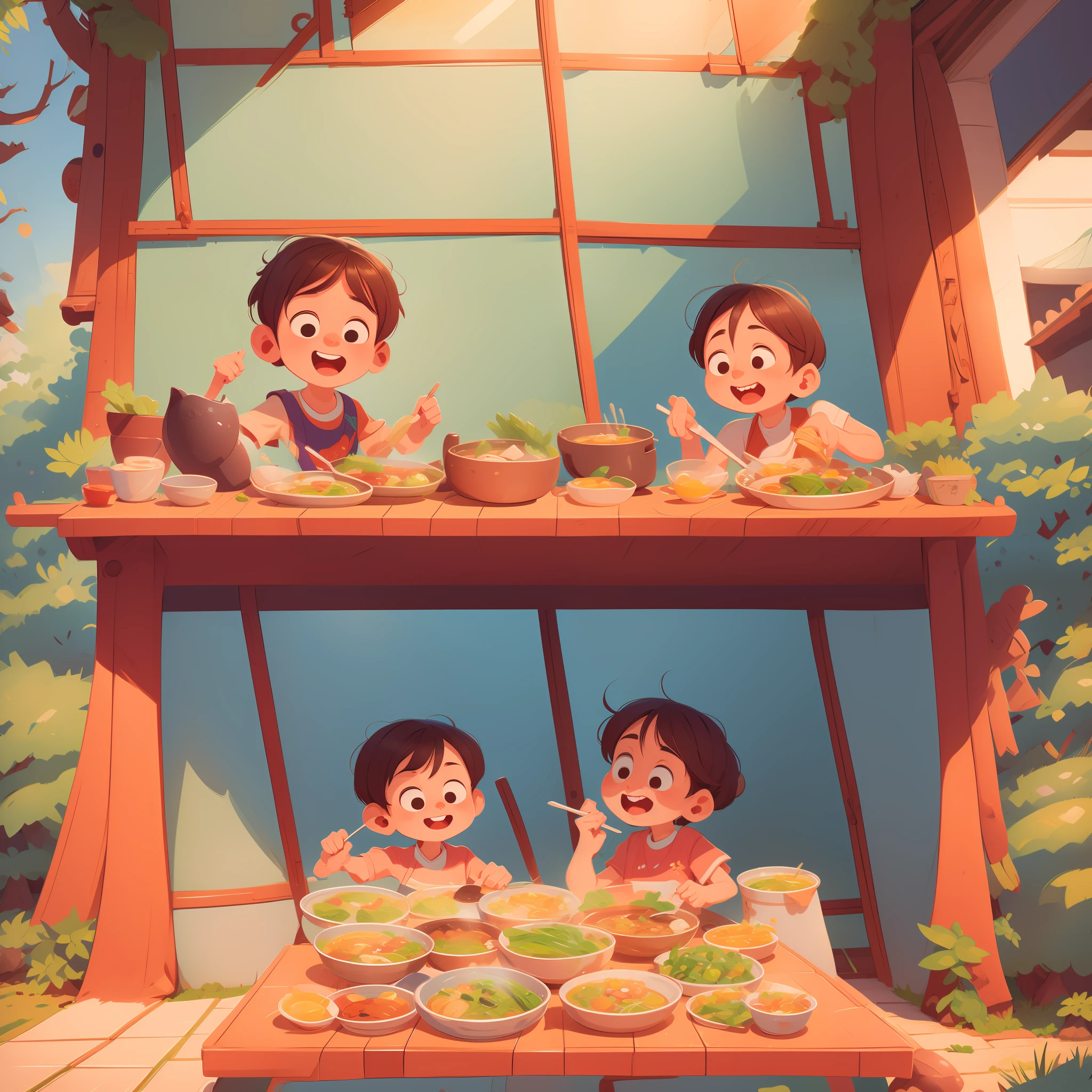 Eating together for two people at table, eating hot pot together, chicken soup hot pot, happy cartoon, hd illustration, exciting illustration, flat illustration, eating chicken, cartoon illustration, kids book illustration, dinner, cooking, detailed 2d illustration, commercial illustration, kids book illustration, full color illustration, 2d illustration